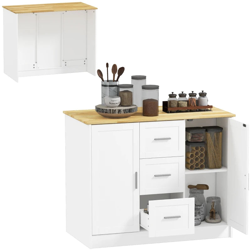 Kitchen Island with Storage Cabinets, Spacious Countertop 3 Drawers, 2 Adjustable Shelves and Sitting Space for Dining Room, White