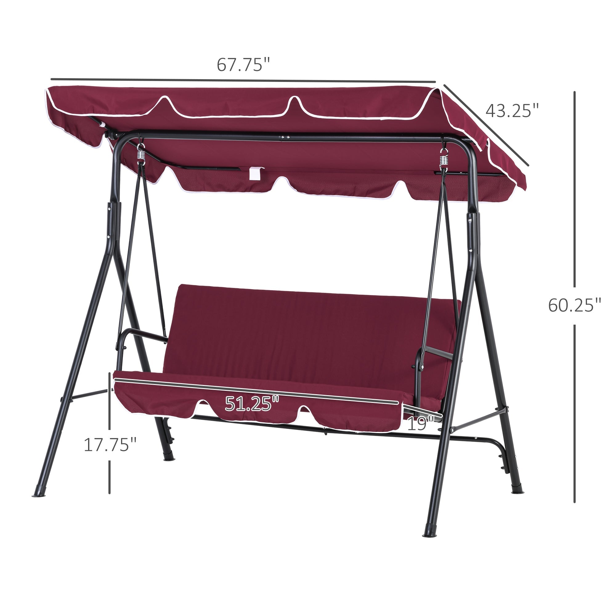 Outsunny Meatal 3-Seater Outdoor Porch Swing with Stand Cushioned Garden Lounger Patio Hammock with Frame and Canopy, Wine Red