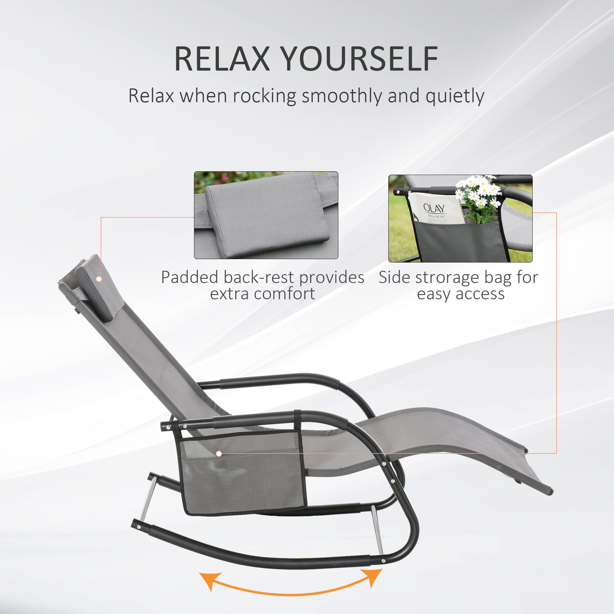 Outsunny Patio Rocking Recliner Chair Sling Fabric Sun Lounger with Headrest Side Pocket for Outdoor Garden Deck Grey