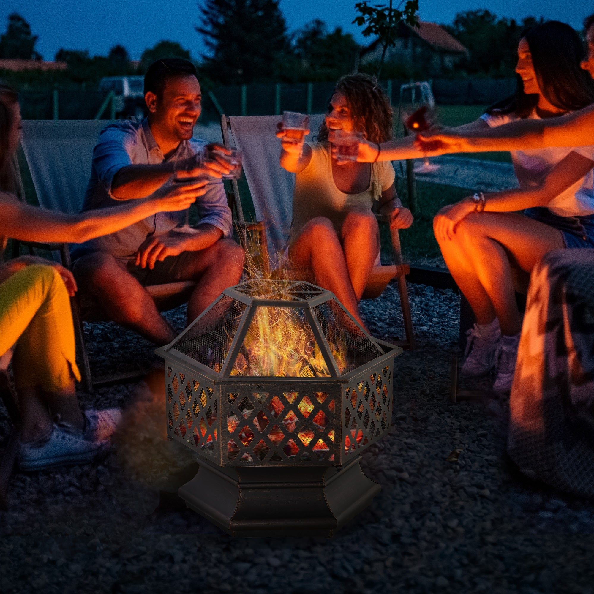 Outsunny Portable Outdoor Fire Pit Bronze Screen Cover Wood Burning Bowl Poker Patio Backyard Decor