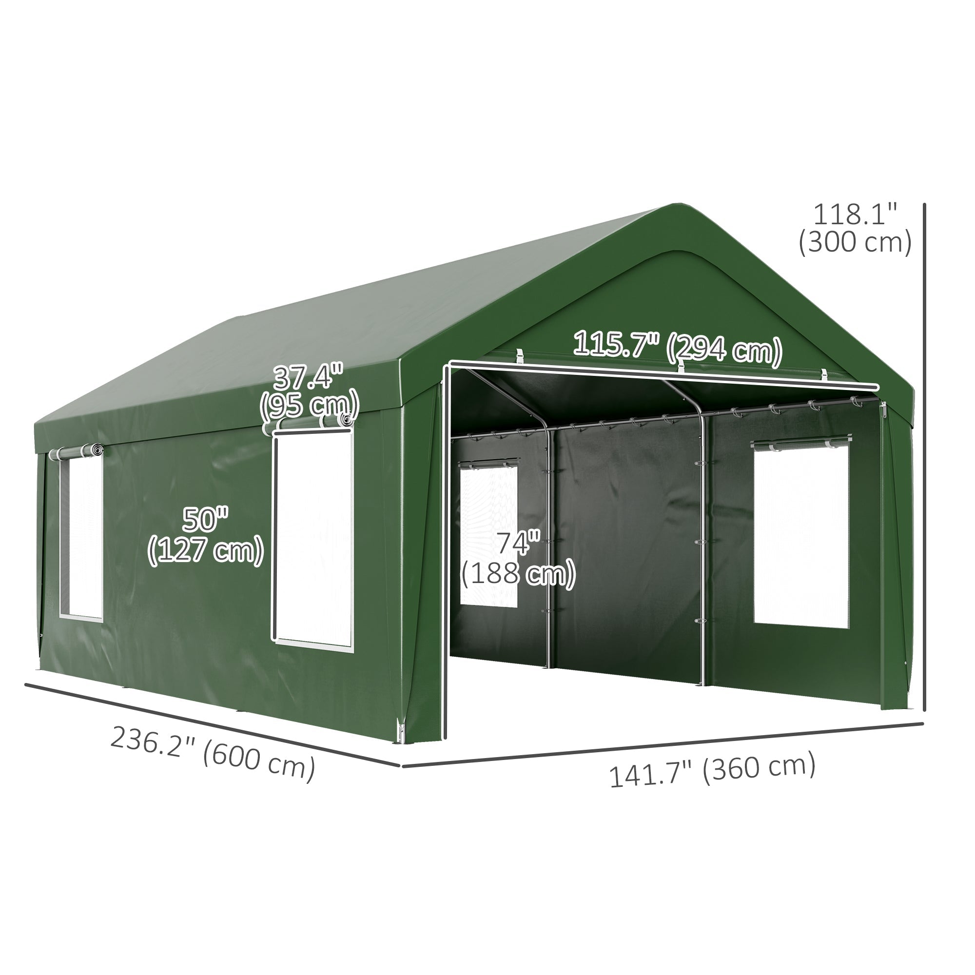Outsunny 12 x 20ft Carport with 2 Roll-Up Doors, 4 Windows, Portable Garage with Removable Sidewalls for Car, Truck, Dark Green
