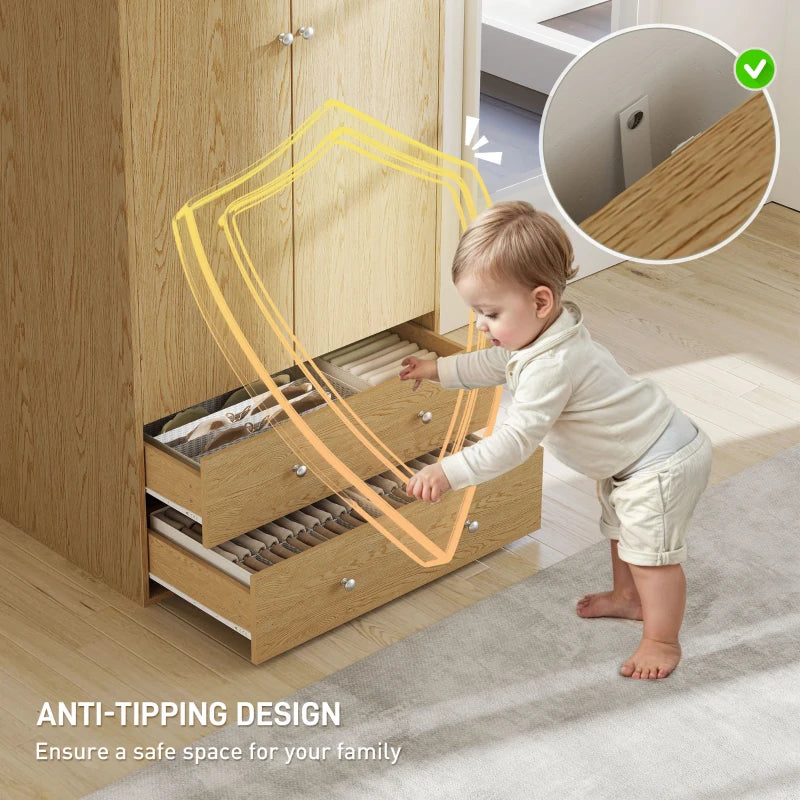 Modern Wardrobe Closet Armoire with 2 Drawers and Hanging Rod, Clothes Storage Organizer for Bedroom, Natural Wood