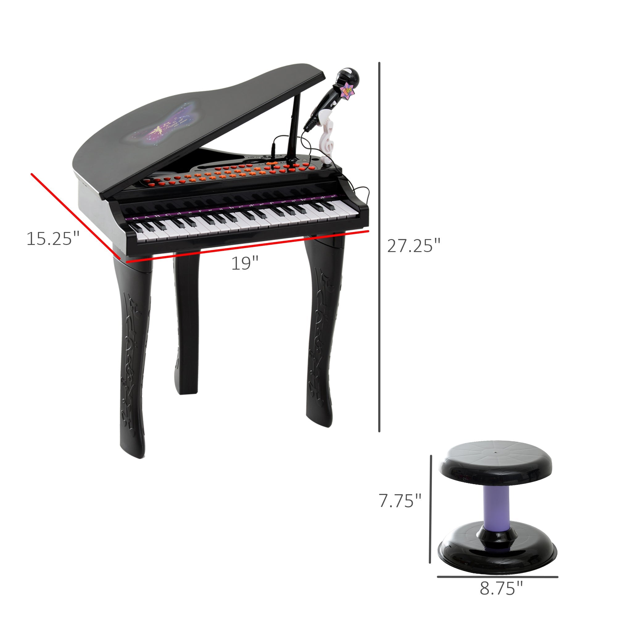 Qaba Mini Electronic Musical Piano 37 Key Keyboard Multifunction Kids Toy w/ Microphone Stool (Black)