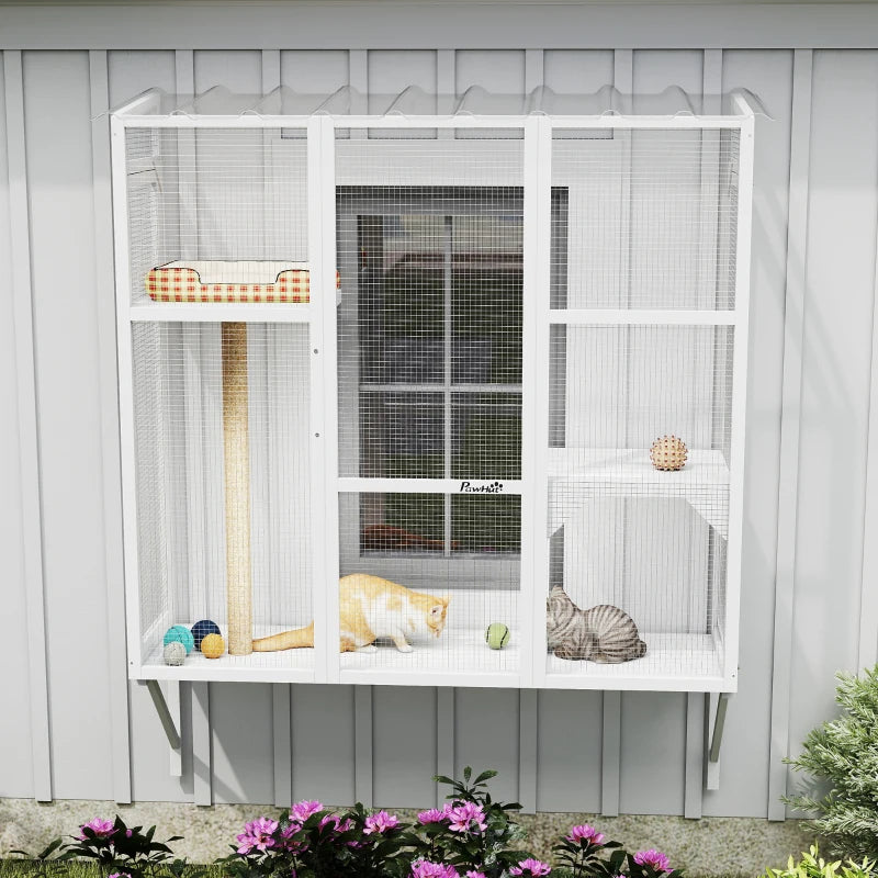 Wooden Catio Outdoor, Cat Window Box Enclosure for 2-3 Large Cats with 2 Jumping Platforms & Scratching Post, White