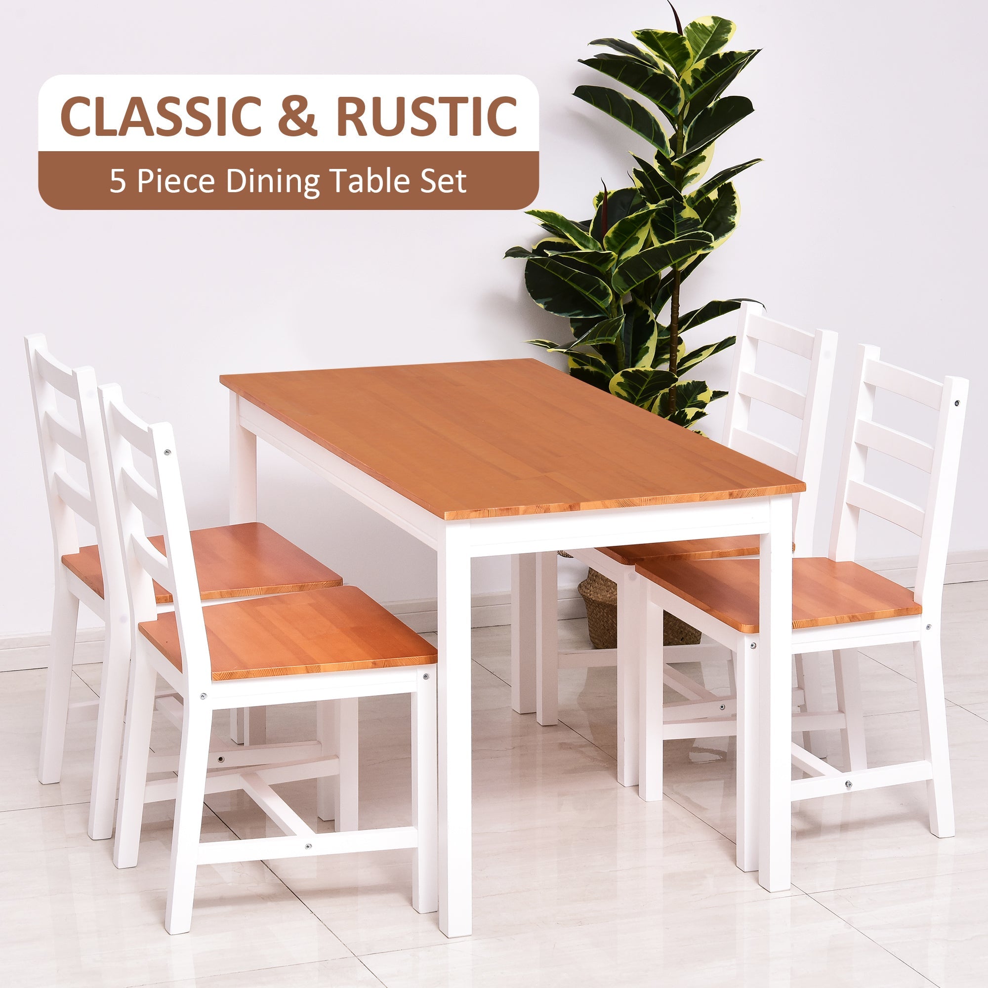 HOMCOM Dining Table Set for 4, 5 Piece Pine Wood Kitchen Table with High Back Chairs, White and Natural Wood
