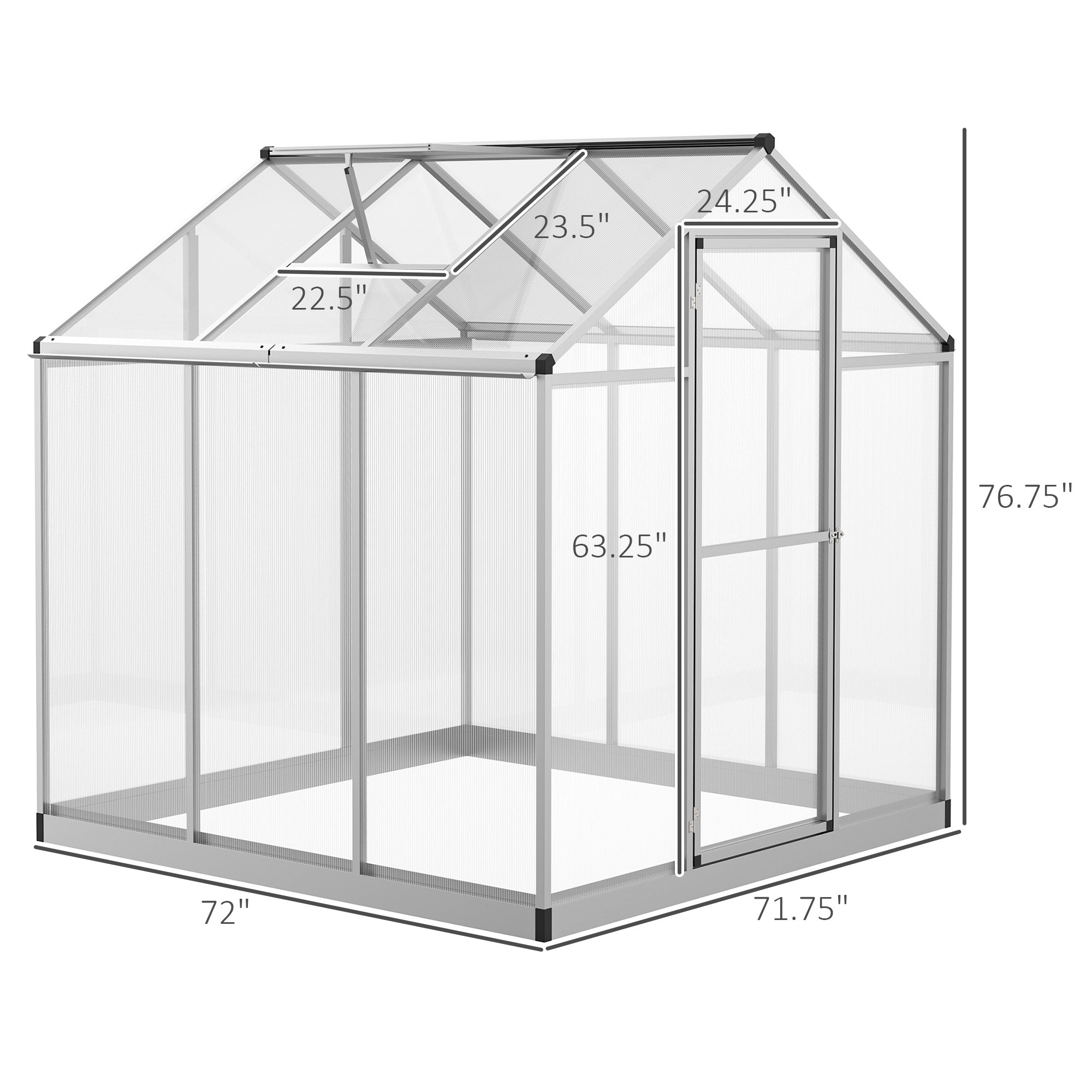 Outsunny Walk-In Greenhouse 6'x6' Polycarbonate Plant Flower Growth Cold Frame Weather Resistant Gardening Planting Growing Clear