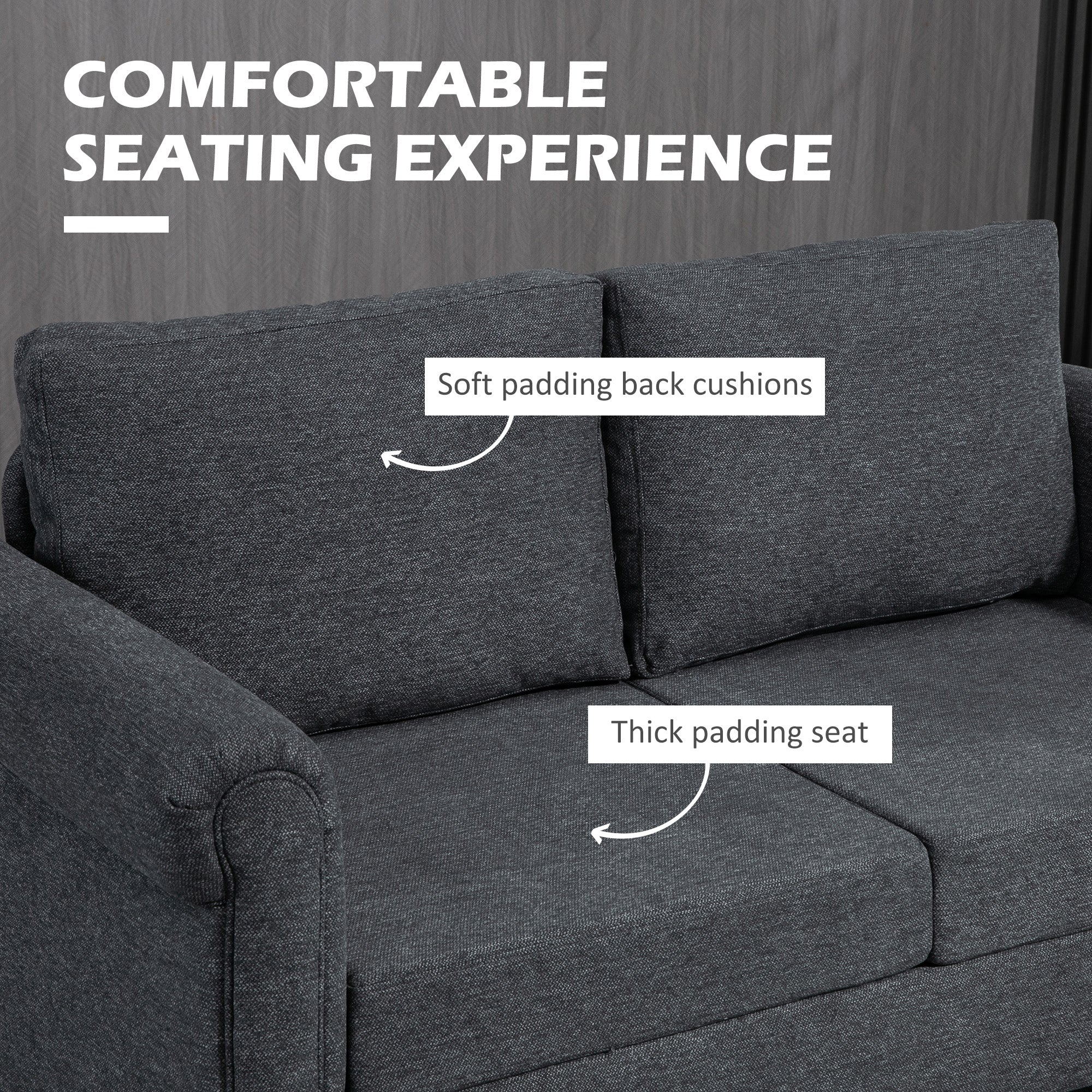 HOMCOM 57.75" Dark Grey Loveseat - Cozy 2-Seater Sofa with Curved Armrests, Throw Cushions & Rubber Wood Legs