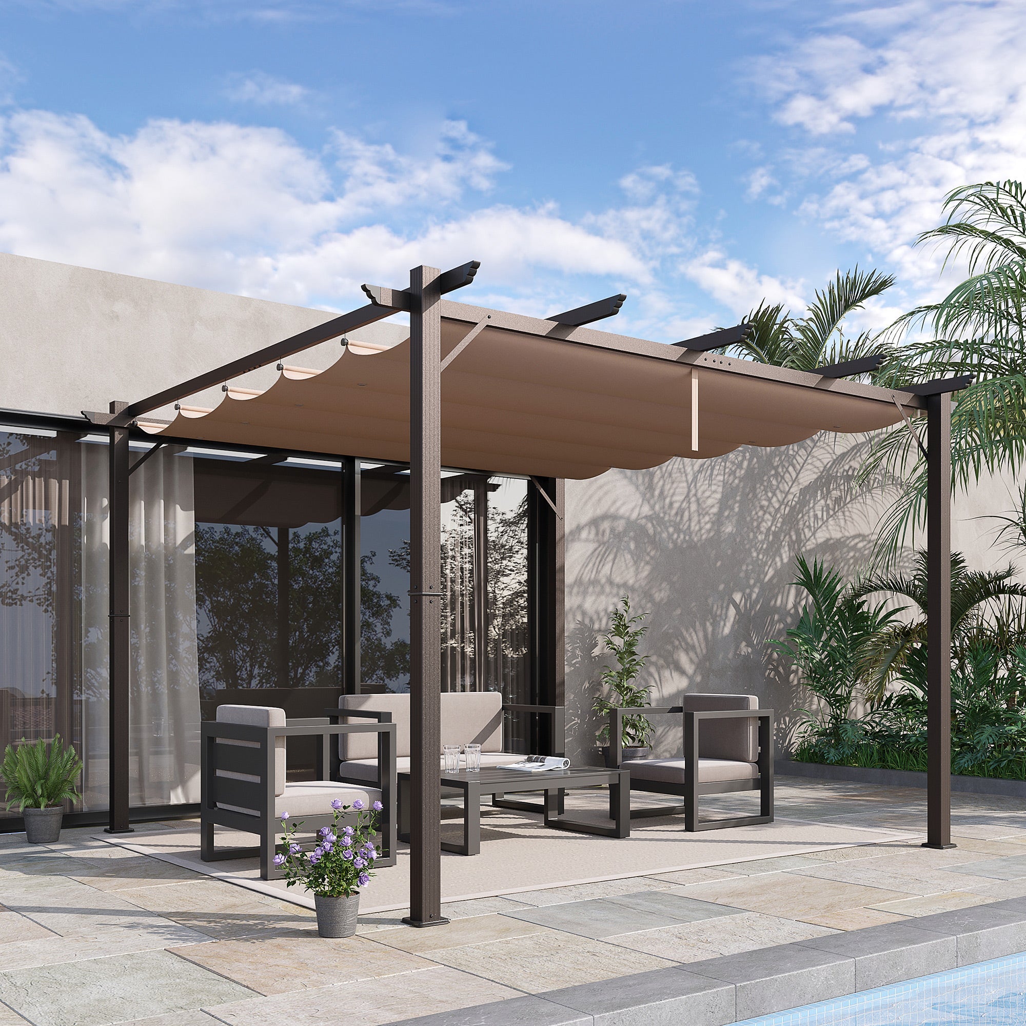 Outsunny 10'x10' Aluminium Pergola Gazebo Outdoor Canopy Sunshade Square Garden Shelter Trellis Coffee