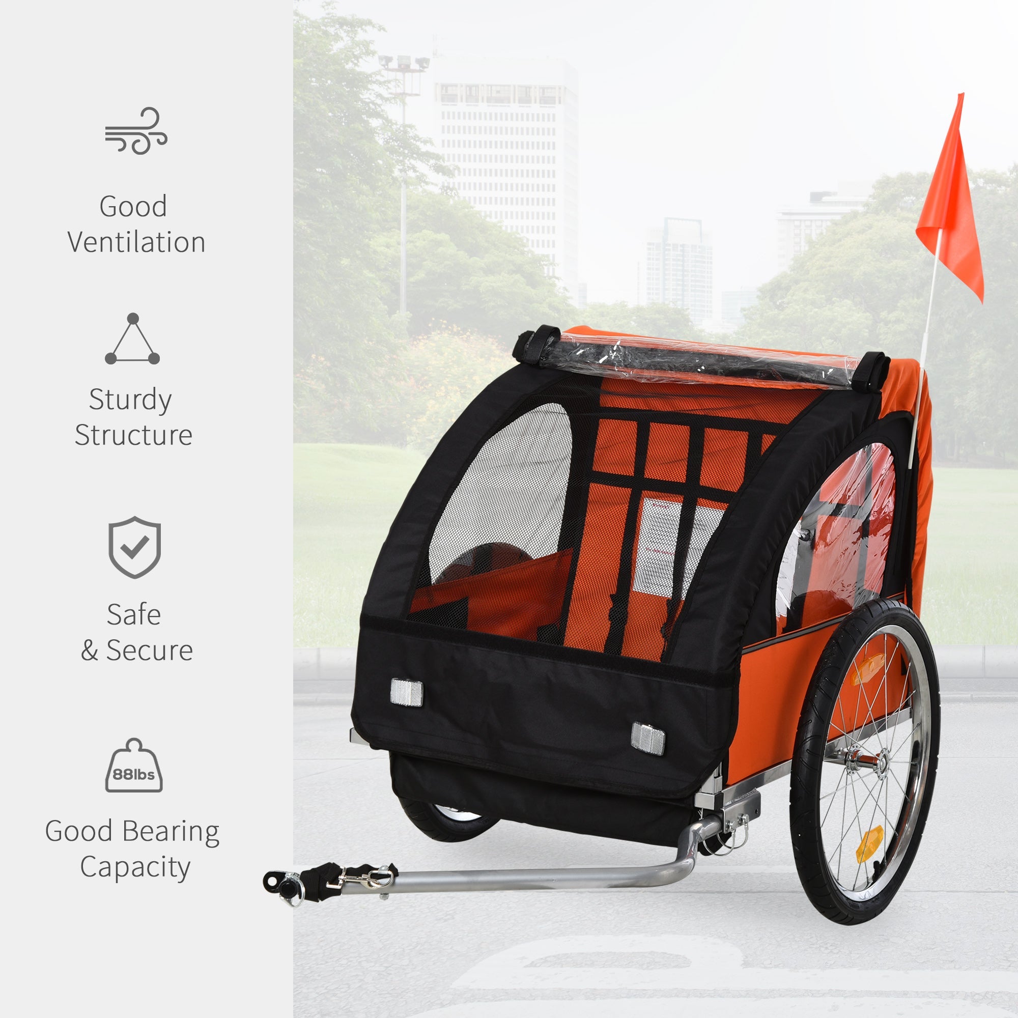 Aosom 2-Seat Child Bike Trailer Kids Strong Steel Frame 5-Point Safety Harnesses Comfortable Seat Red