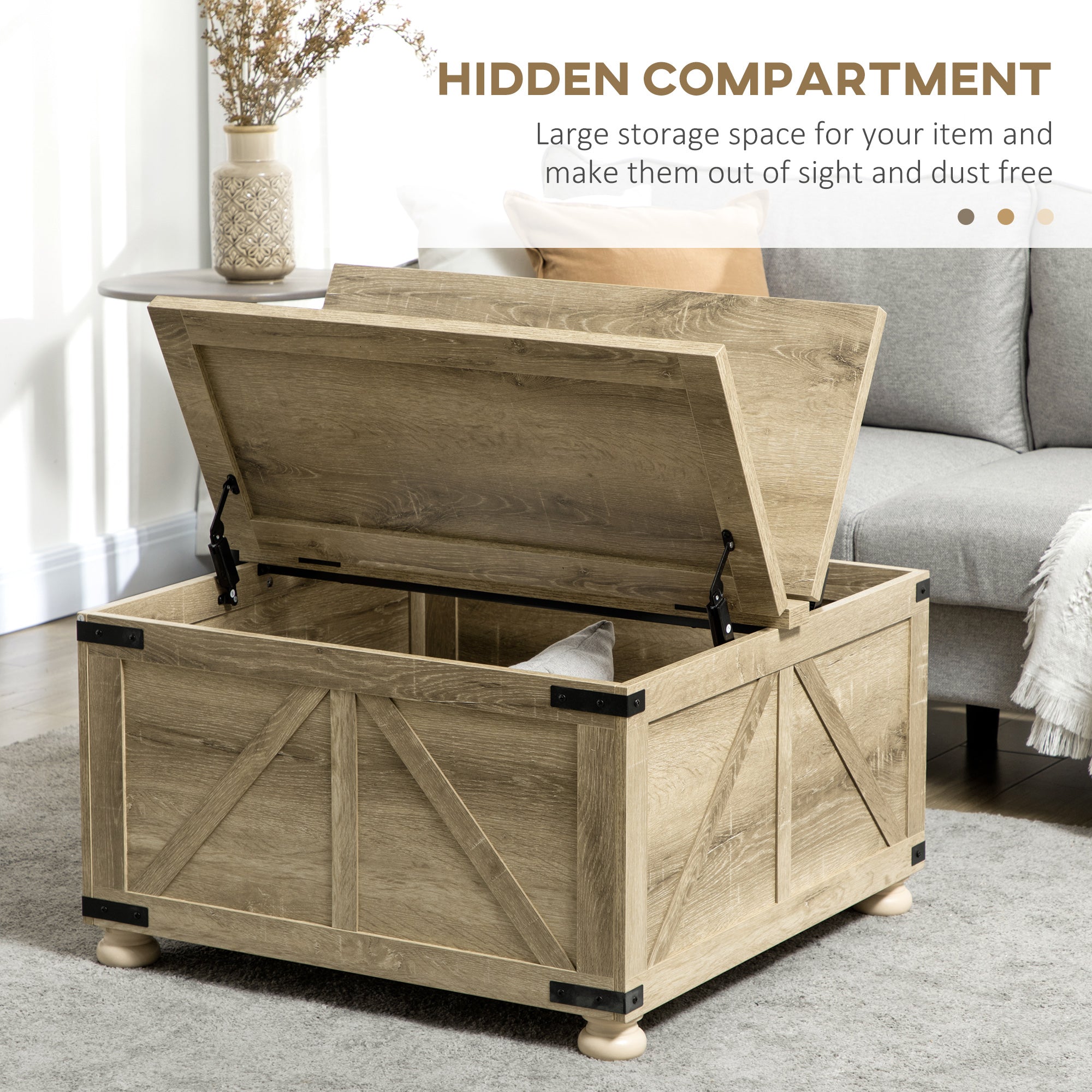 HOMCOM Oak Farmhouse Square Coffee Table: Center Table with Flip-Top Lids, Hidden Storage Compartment and Wooden Legs