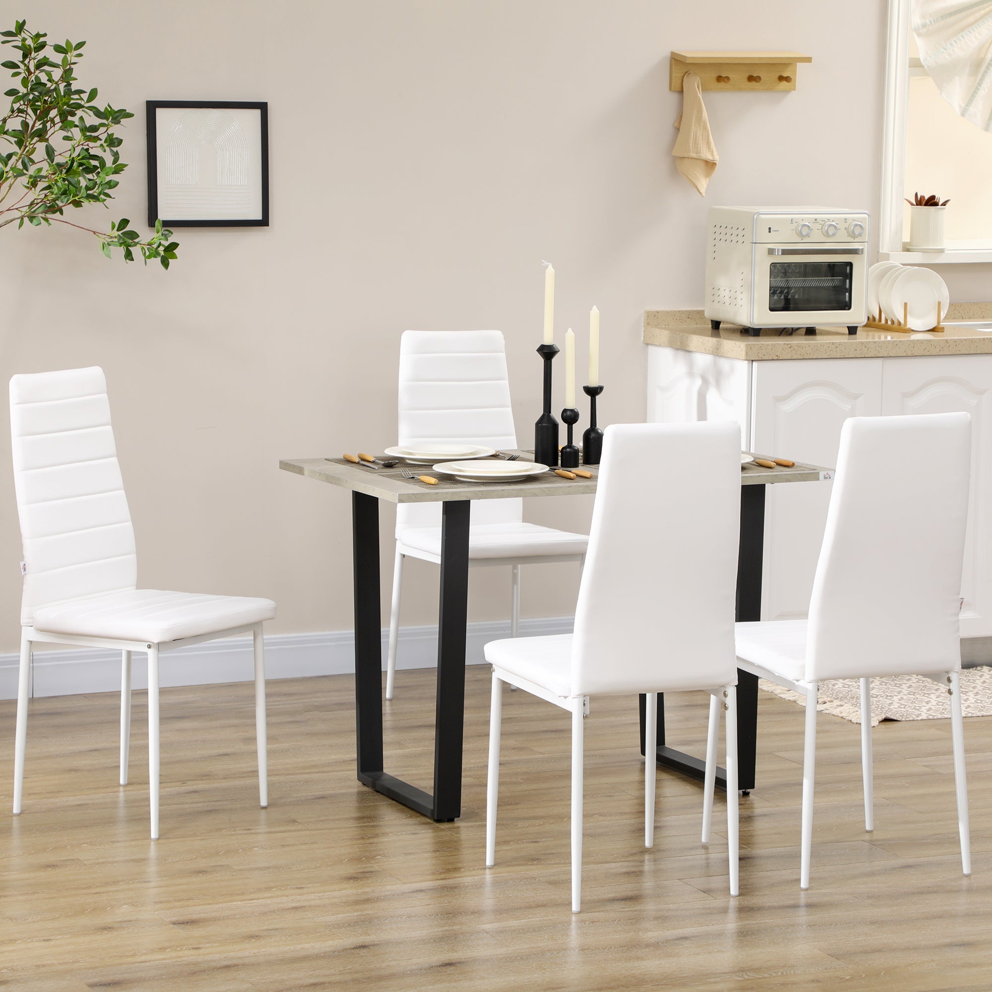 HOMCOM Set of 4 High Back Dining Chairs Upholstered Metal Legs Modern Kitchen Seating White