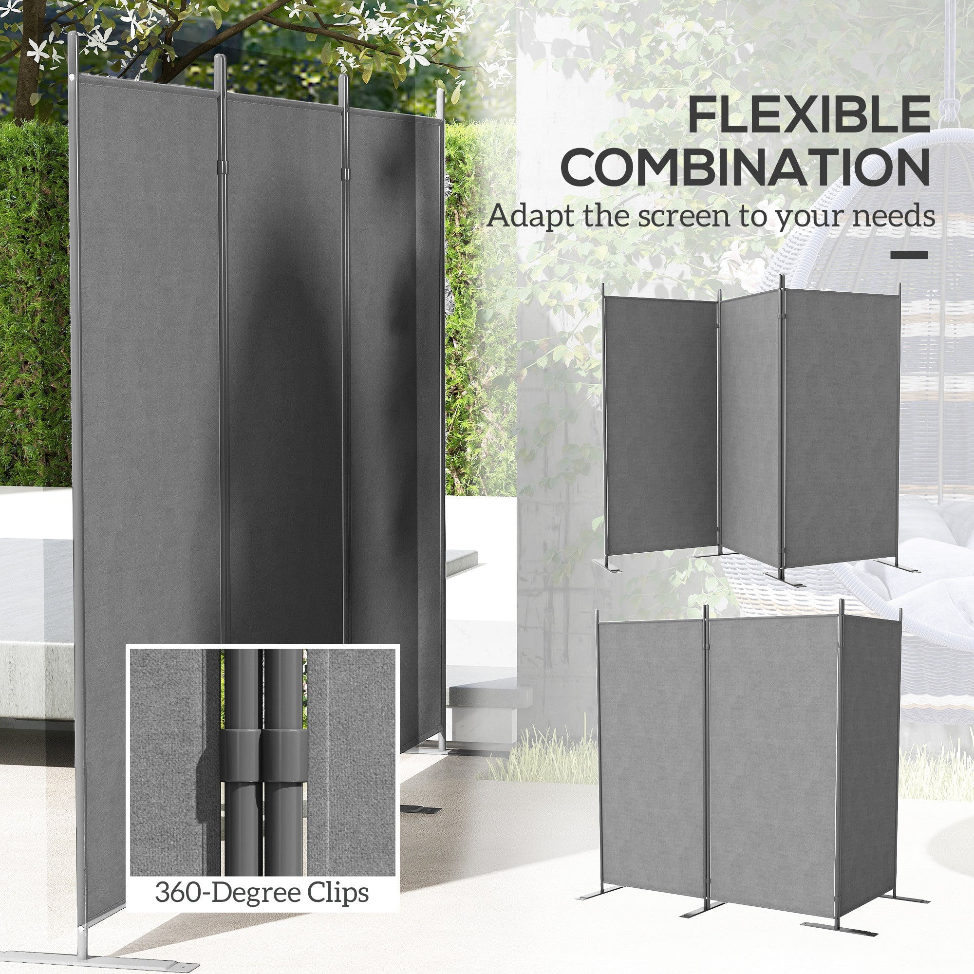 Outsunny 3 Panel Folding Outdoor Privacy Screen, 5.8FT Tall Room Divider with UV30+ Protection, Freestanding Privacy Panel Partition with Stable Base for Indoor Outdoor, Dark Grey