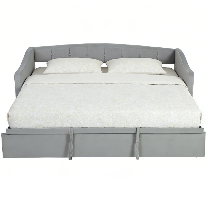 Upholstered Twin Size Trundle Bed, Velvet Twin to King Day Bed with Pop Up Trundle, Headboard and 2 Pockets, Light Grey