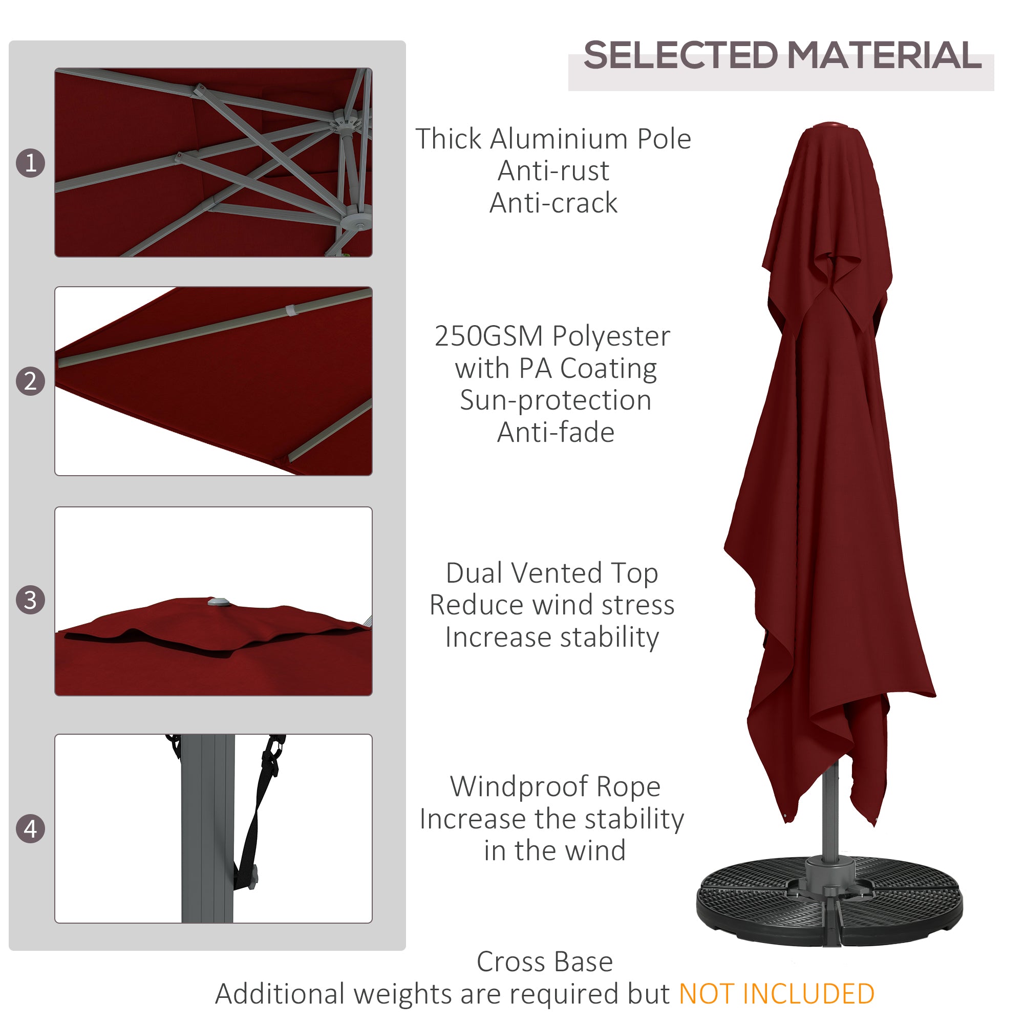 Outsunny 13 FT Red Cantilever Umbrella Aluminum Offset Outdoor Umbrella with 360° Rotation & Tilt