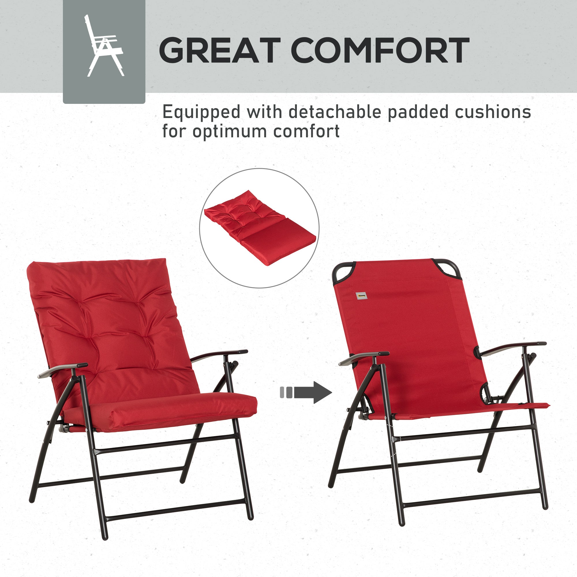 Outsunny Set of 2 Outdoor Folding Chairs with Adjustable Backrest, Padded Camping Chairs for Outdoor Events, Red