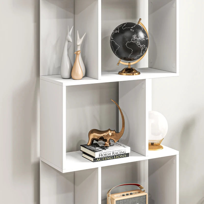 5-Tier Geometric Bookshelf, S Shaped Bookcase, Modern Freestanding Display Shelf Unit for Home Office, White