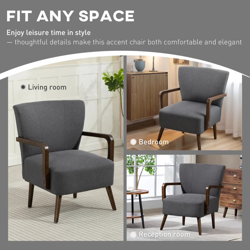 Accent Chair with Wooden Legs, Linen Fabric Armchair with Thick Padding, Comfy Chair for Living Room, Dark Grey