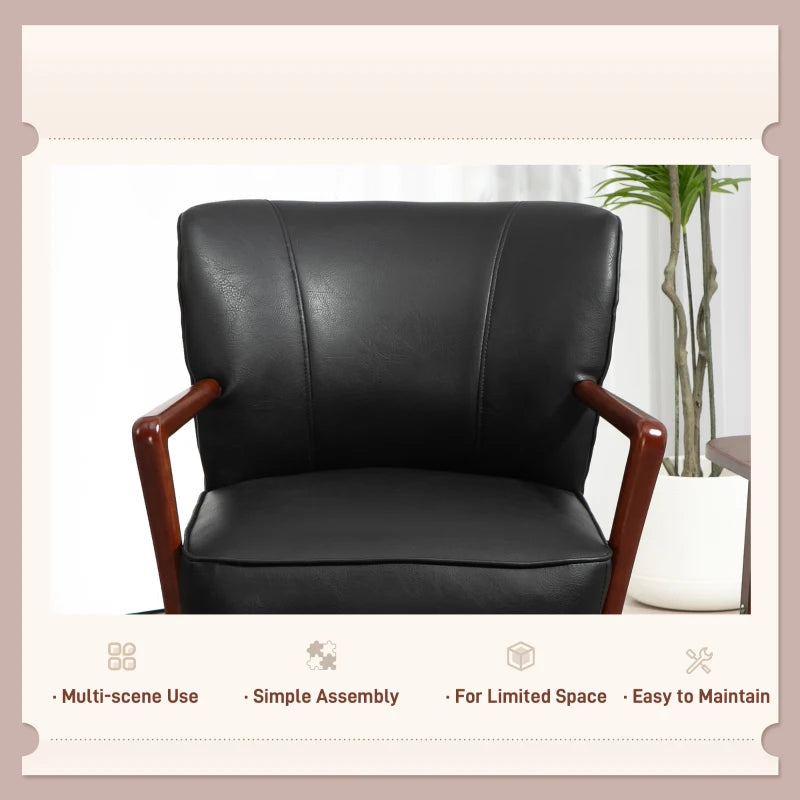 Accent Chair, Modern Armchair, Faux Leather Upholstered Living Room Chair with Wood Legs and Wide Padded Seat, Black