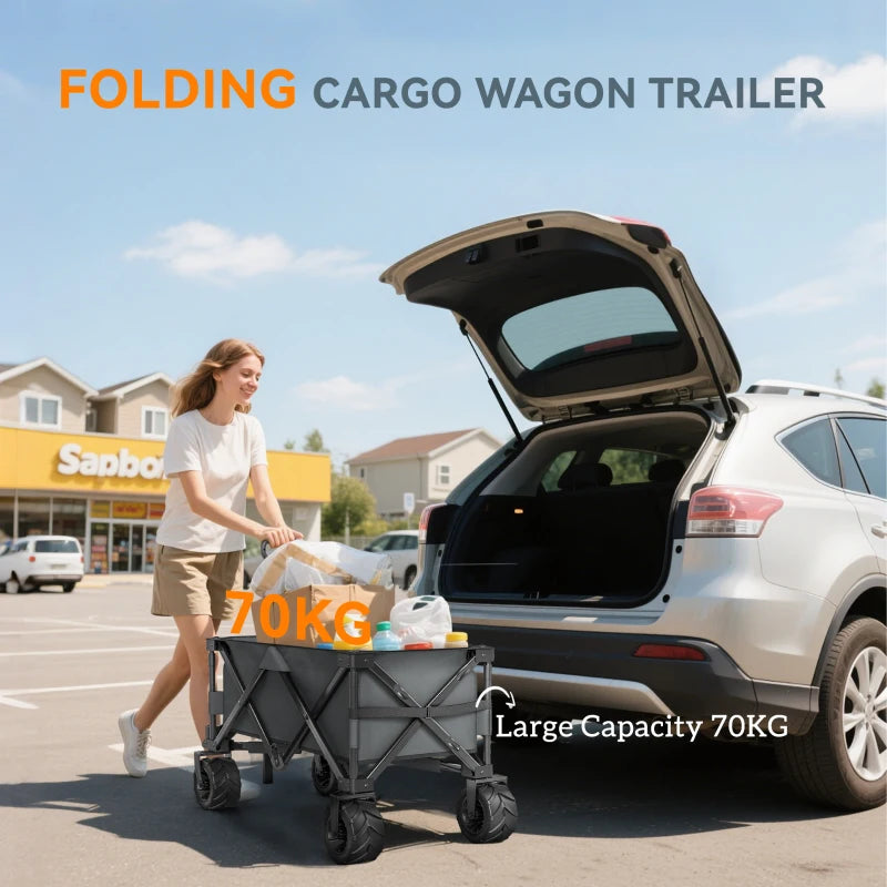 Outdoor Pull Along Trailer Folding Camping Trailer for Beach Garden with Handle, Anti-Slip Wheel - Dark Grey