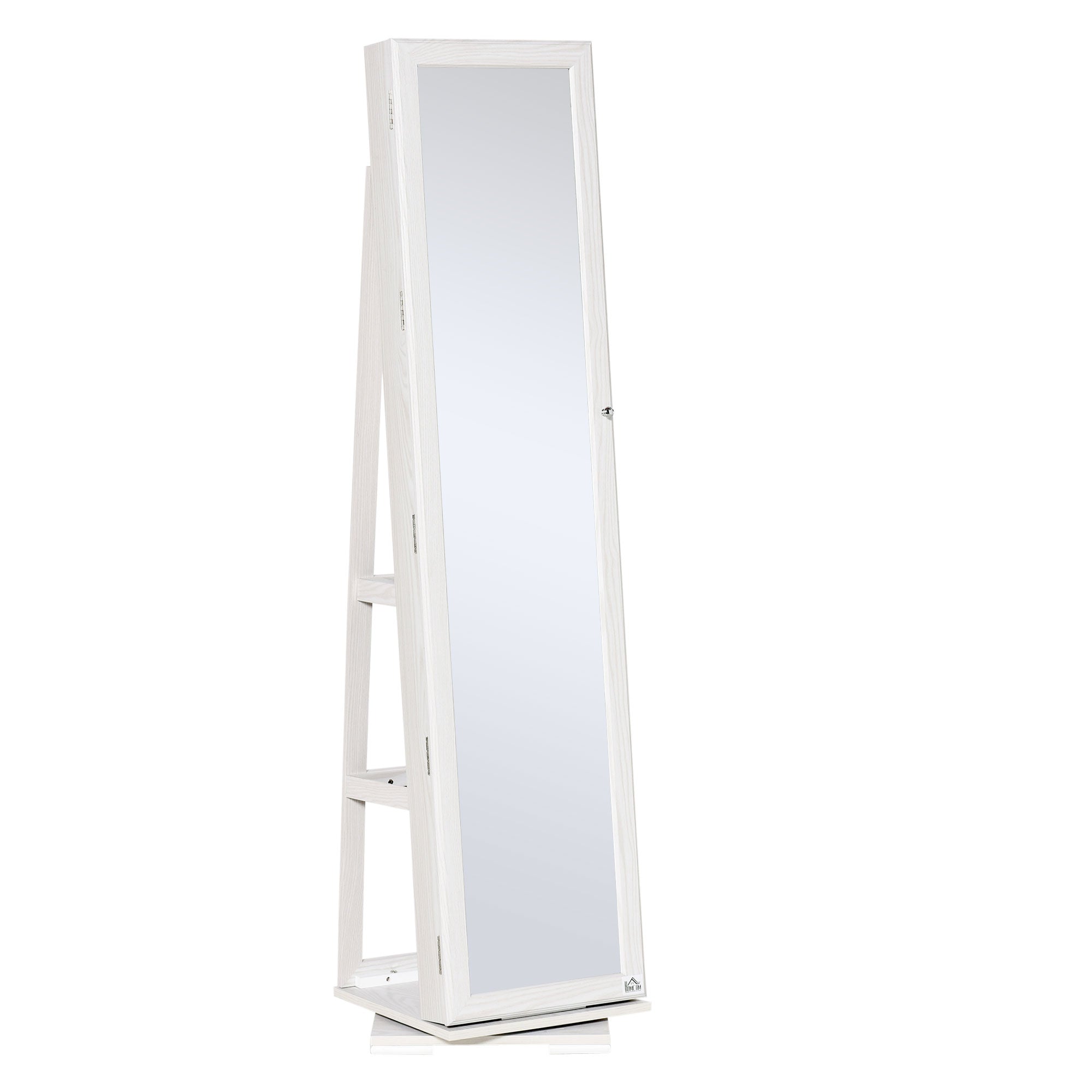 HOMCOM 360 Swivel Jewelry Cabinet with Full Length Mirror Lockable Organizer White
