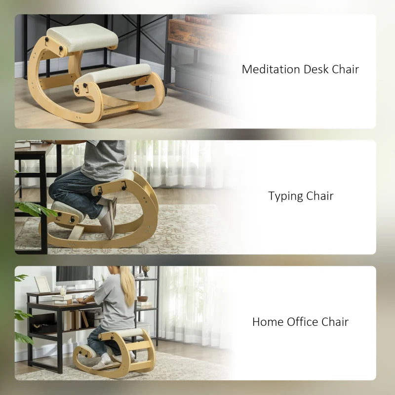 Ergonomic Kneeling Chair, Adjustable Rocking Wood Kneeling Stool, Desk Chair, Improve Posture, Cream White