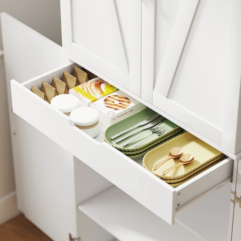 72" Kitchen Pantry Cabinet, Farmhouse Storage Cabinet with 4 Doors, Drawer, 8 Door Shelves and Adjustable Shelf, White