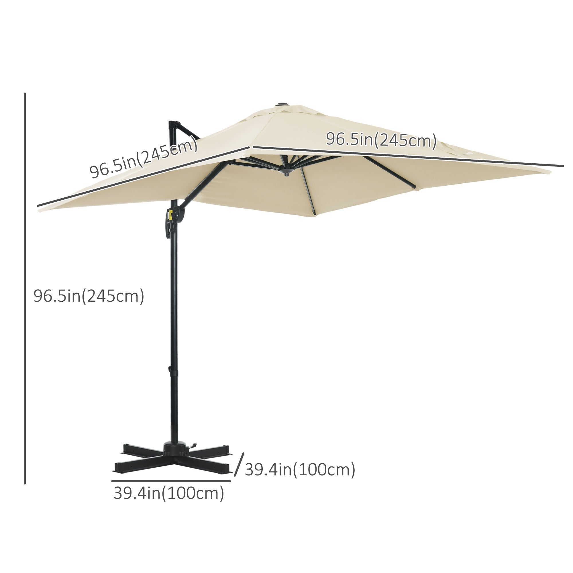 Outsunny Square Patio Hanging Offset Umbrella 8' x 8' Aluminum Cantilever Crank Market Parasol 360° Rotation Cross Base Cream White