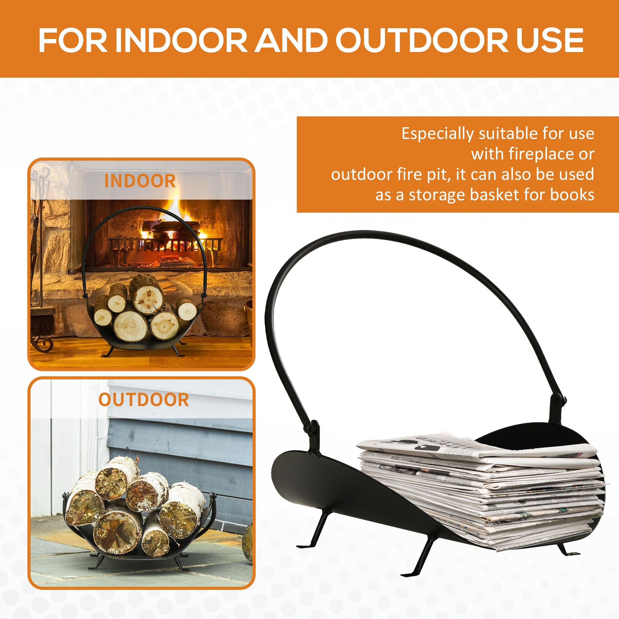 Outsunny Fireside Flair: 16" Curved Firewood Log Rack, Fireplace Wood Storage Basket Carrier with Handle, Indoor Outdoor, Black