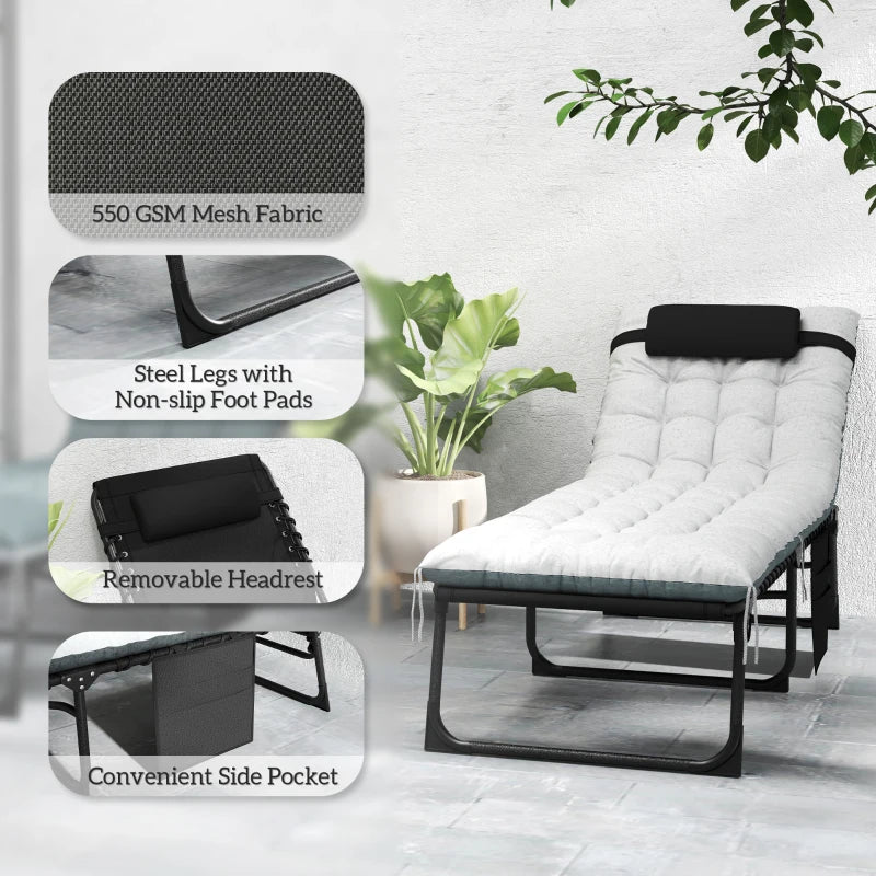 Outdoor Lounge Chair Set of 2, Folding Chaise Lounge Tanning Chair with Cushion, Side Pocket, Black/Grey