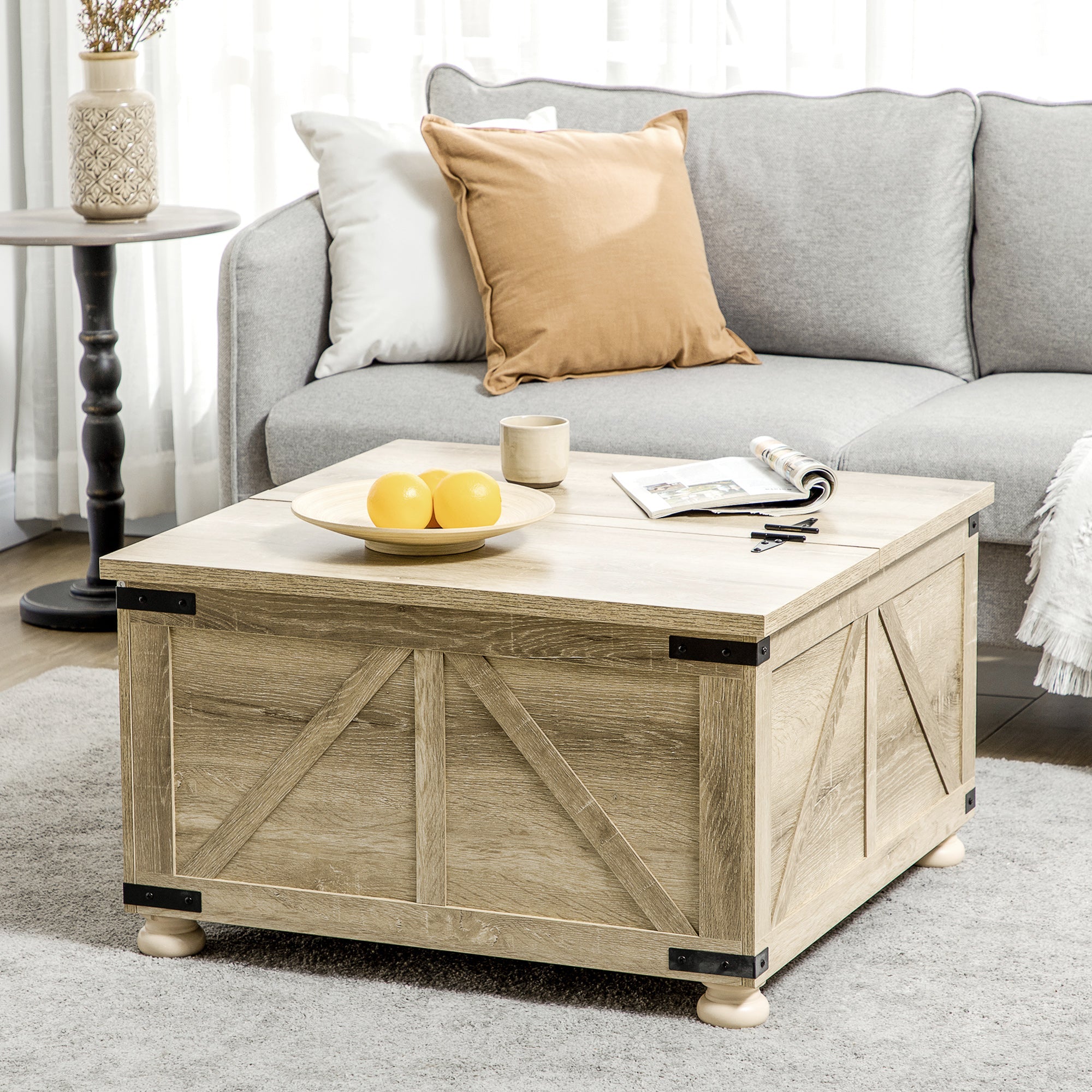 HOMCOM Oak Farmhouse Square Coffee Table: Center Table with Flip-Top Lids, Hidden Storage Compartment and Wooden Legs