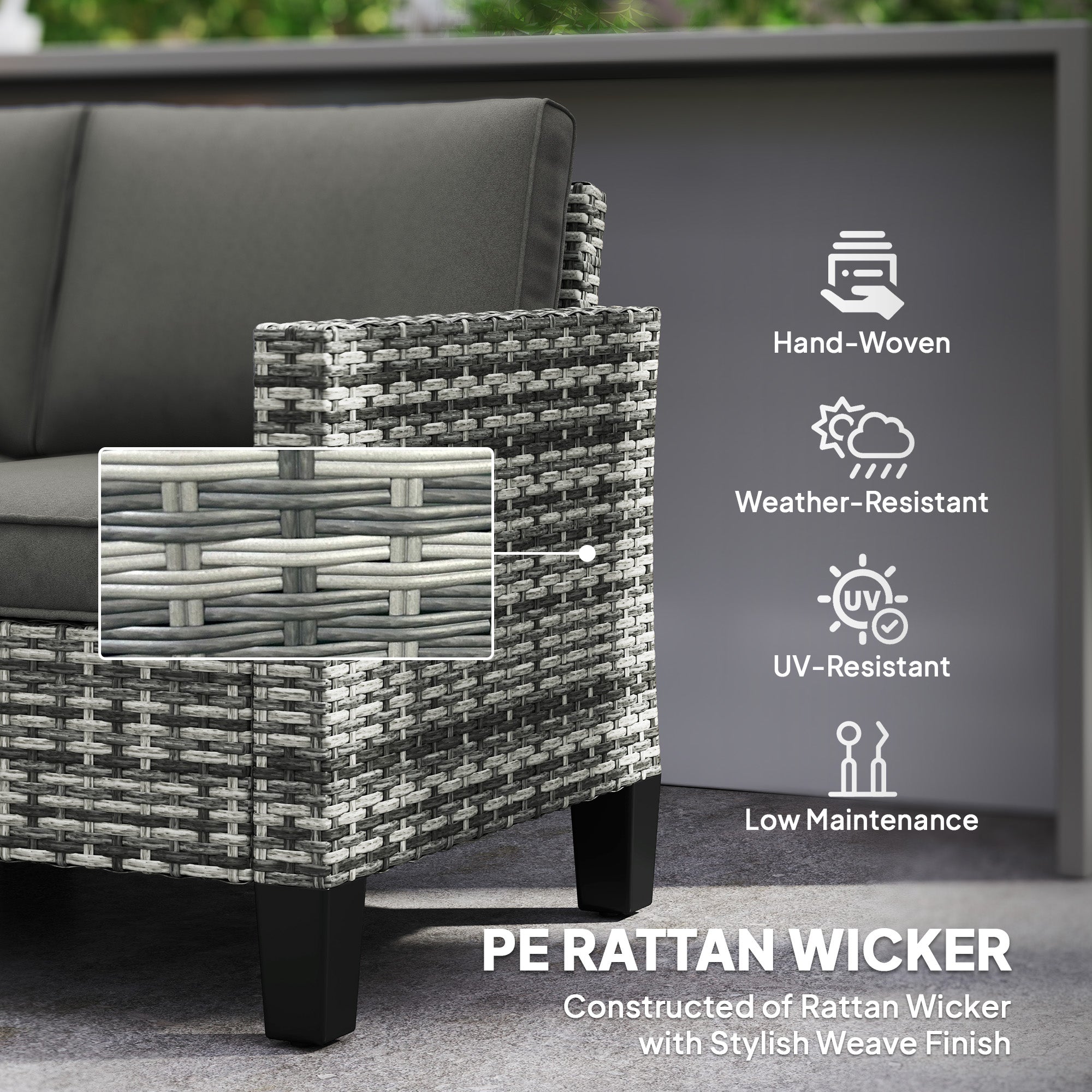 Outsunny 2 Seater Rattan Outdoor Sofa, Patio Couch Loveseat with Cushions and Armrests for Garden, Balcony, Dark Grey