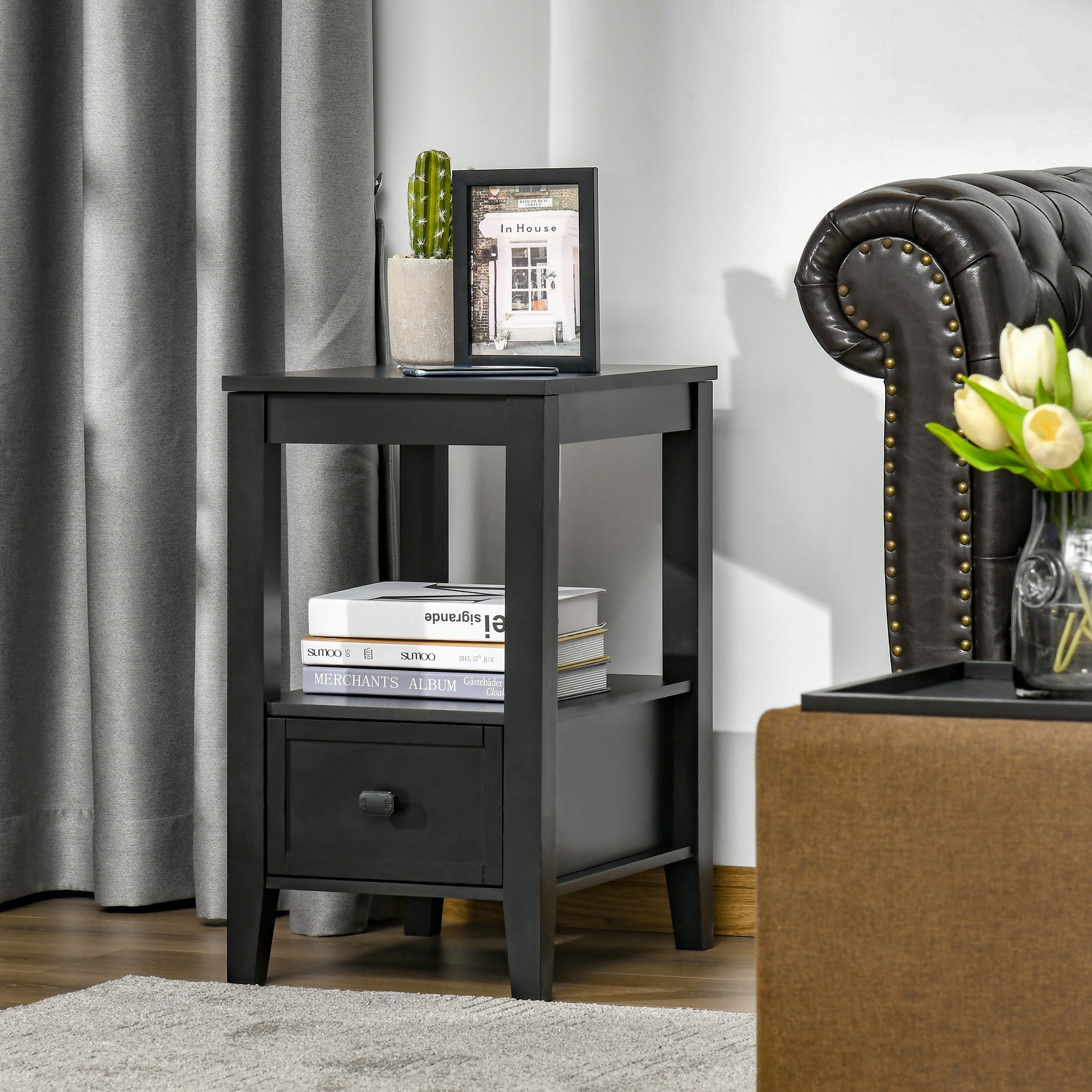 HOMCOM Black Modern End Table with Drawer Shelf Sofa Side Table Nightstand Bedroom Living Room