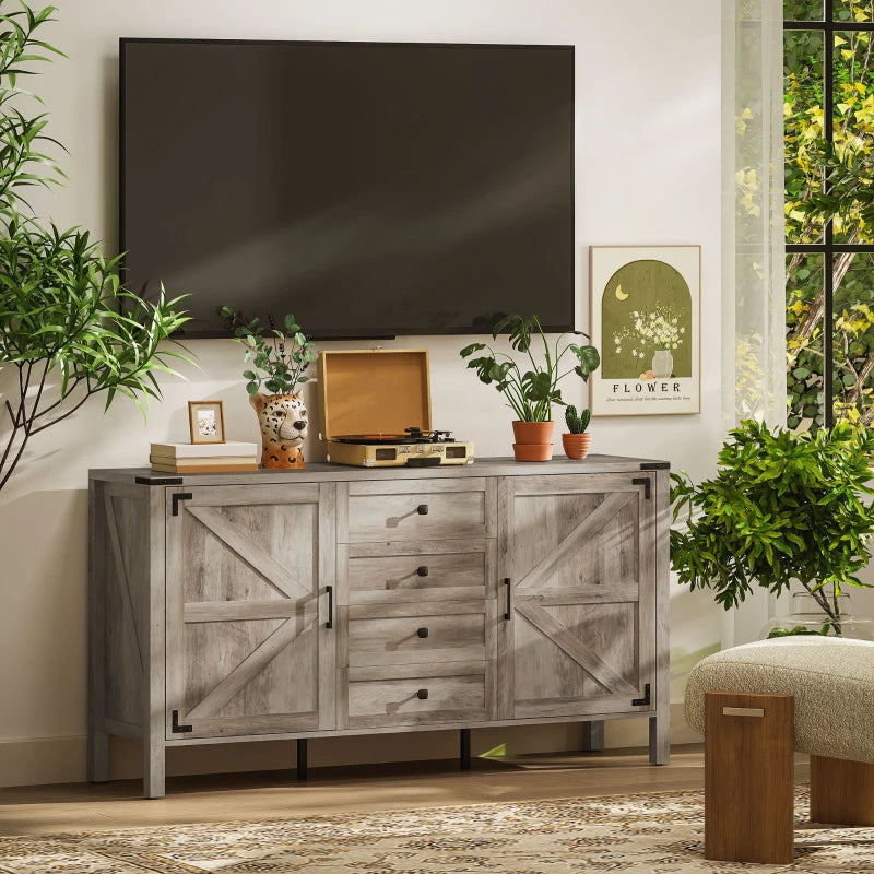 59" Buffet Cabinet, Farmhouse Sideboard with Thick Top, 2 Barn Doors, 4 Drawers and 2 Adjustable Shelves, Grey