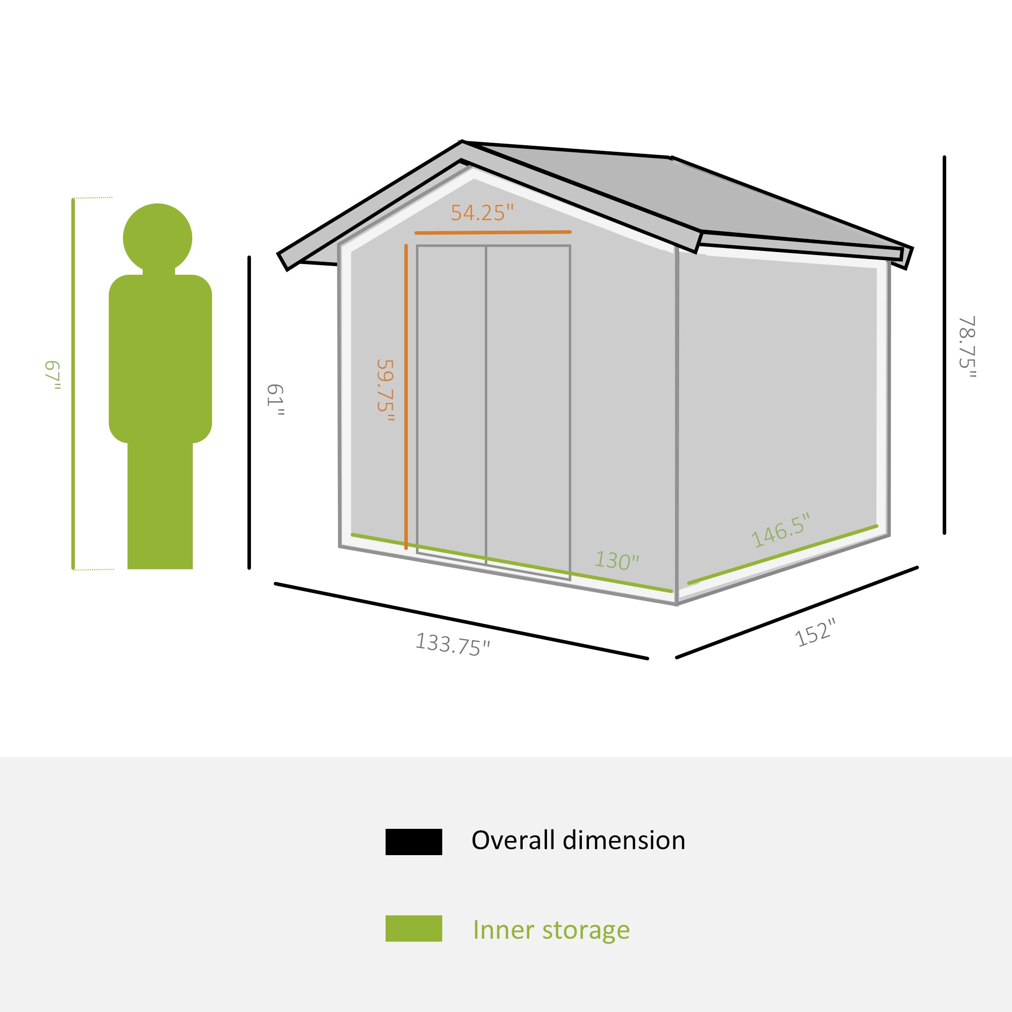 Outsunny Spacious Garden Shed 11.2ft x 12.5ft with 4 Vent Slots, Double Doors, Durable Storage - Grey