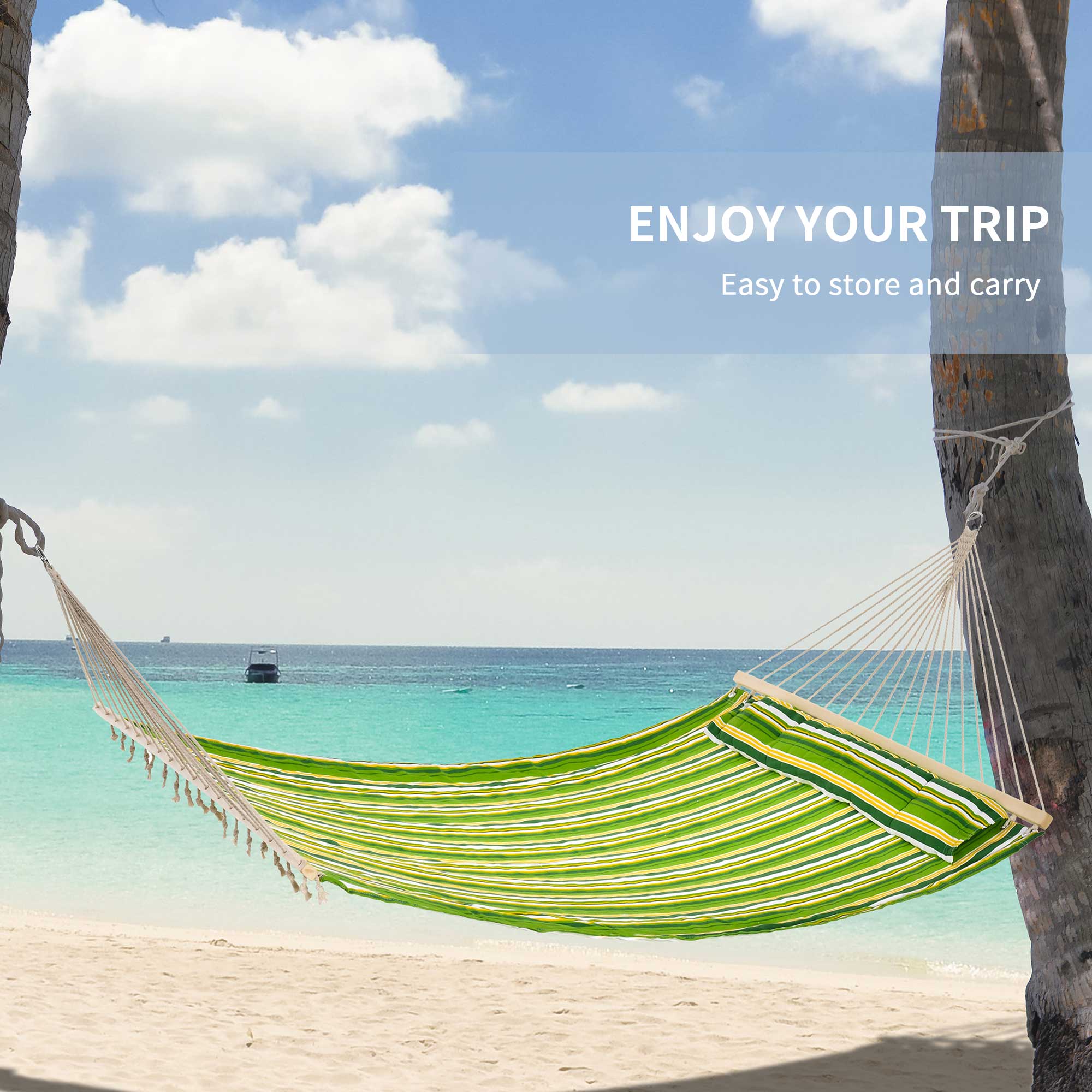 Outsunny Patio Hammock 75" Outdoor Striped Camping Lounge Bed with Pillow Durable Garden Green