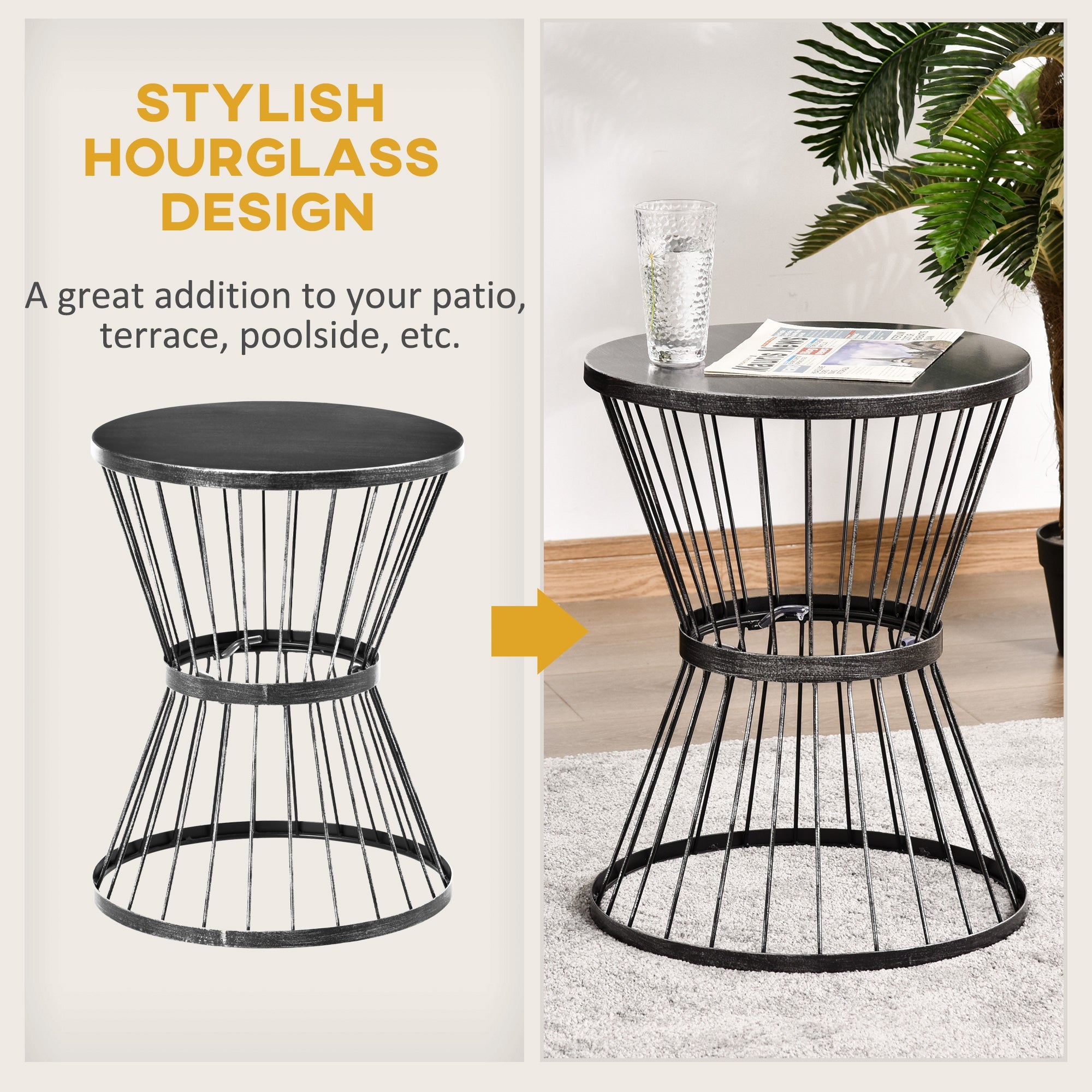 Outsunny Steel Patio Side Table 16" Garden End Table Hourglass Design Accent Furniture for Outdoor Indoor Black