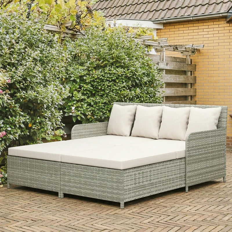 Rattan Outdoor Daybed, Sunbed Loveseat with Soft Cushions, 4 Pillows, Curved Backrest & Armrest, Beige