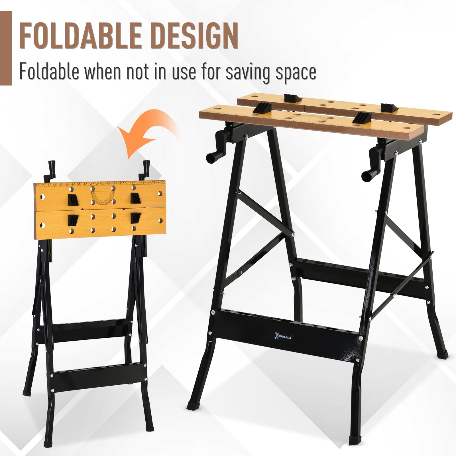 DURHAND Versatile Workstation: Adjustable MDF Work Bench, Foldable Carpenter Saw Table, Steel Frame, 220lbs Capacity