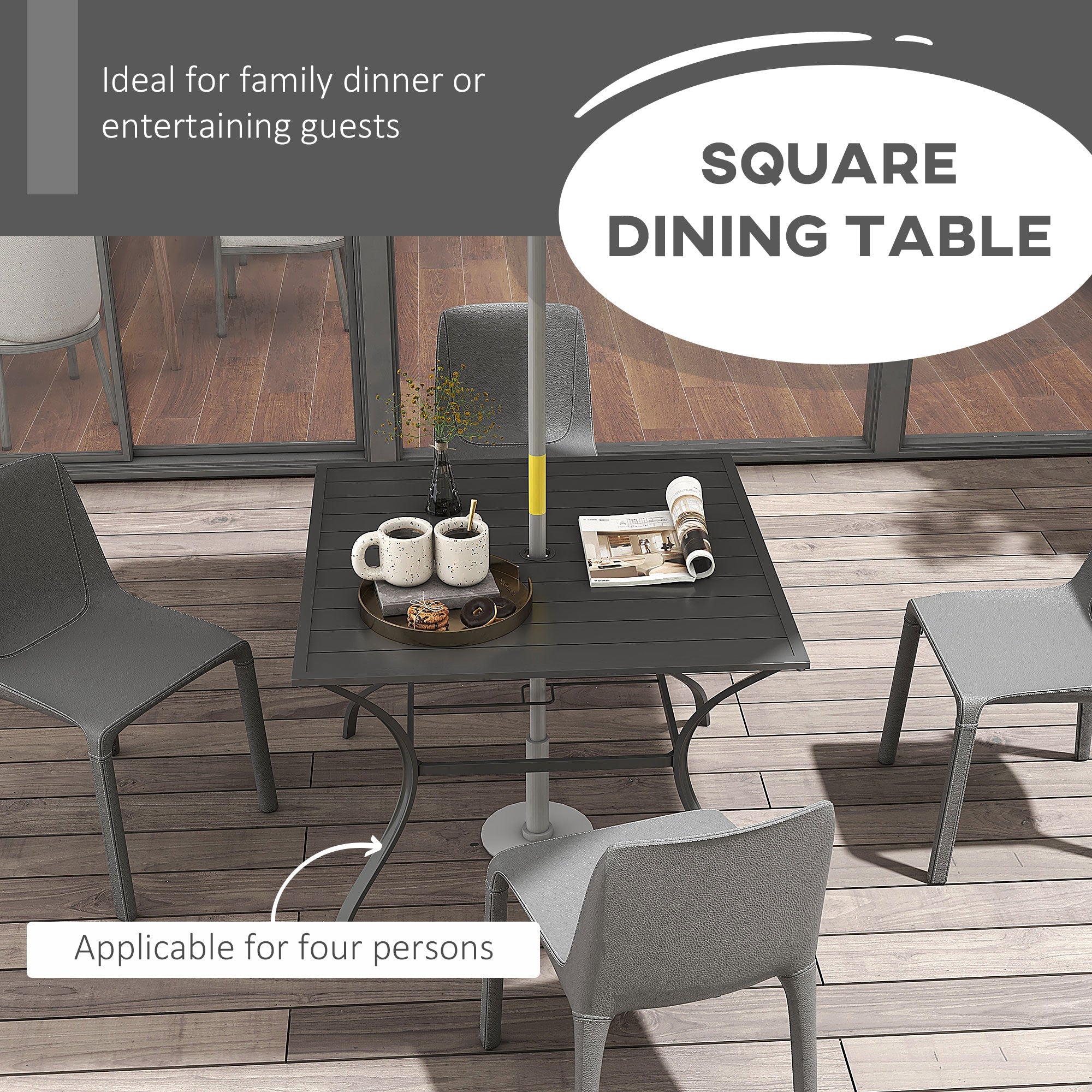 Outsunny Square Patio Dining Table with Umbrella Hole Outdoor Garden Table Slatted Metal Top for Poolside Backyard Dark Grey