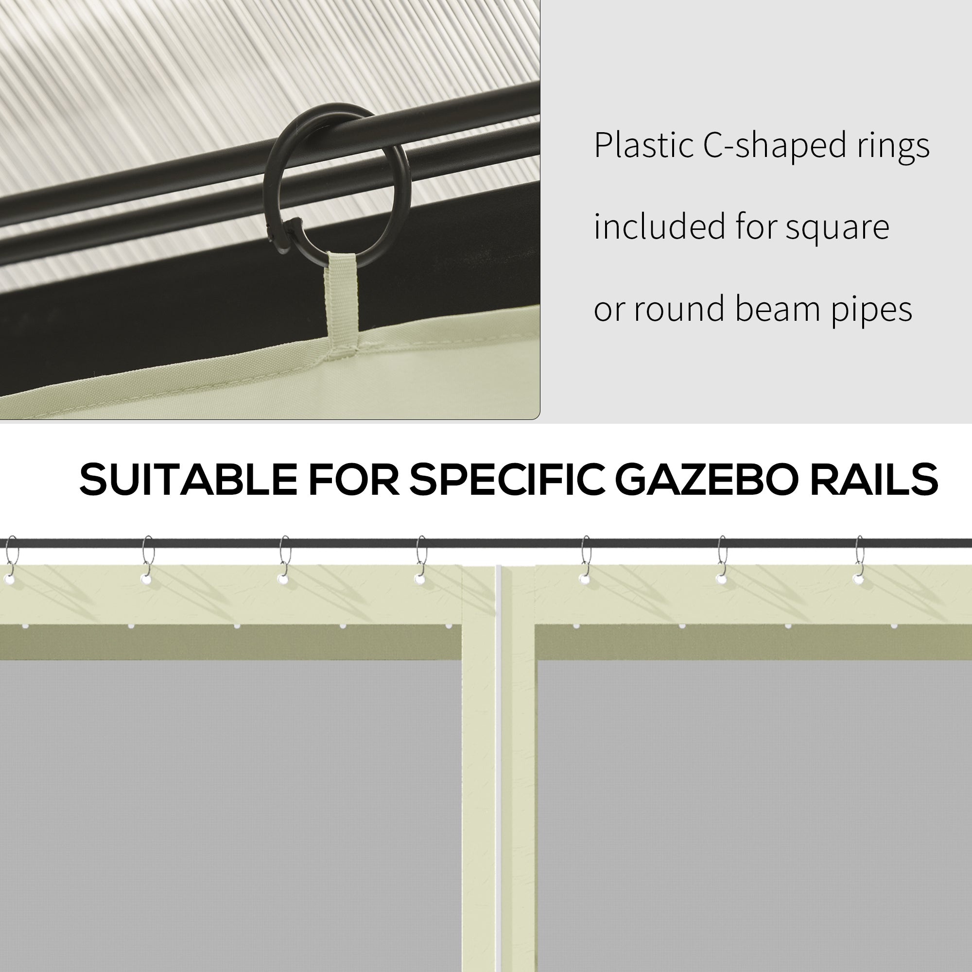 Outsunny 10x10 Gazebo Curtain Replacement Universal Mesh Sidewall Netting with Zippers & C-Rings in Beige