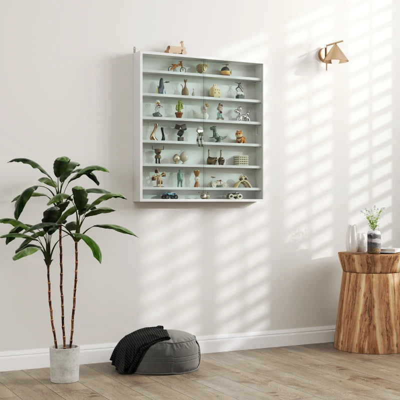 7-Tier Display Cabinet, Shot Glass Display Case, Glass Curio Cabinet with 2 Glass Doors and 6 Adjustable Shelves, White