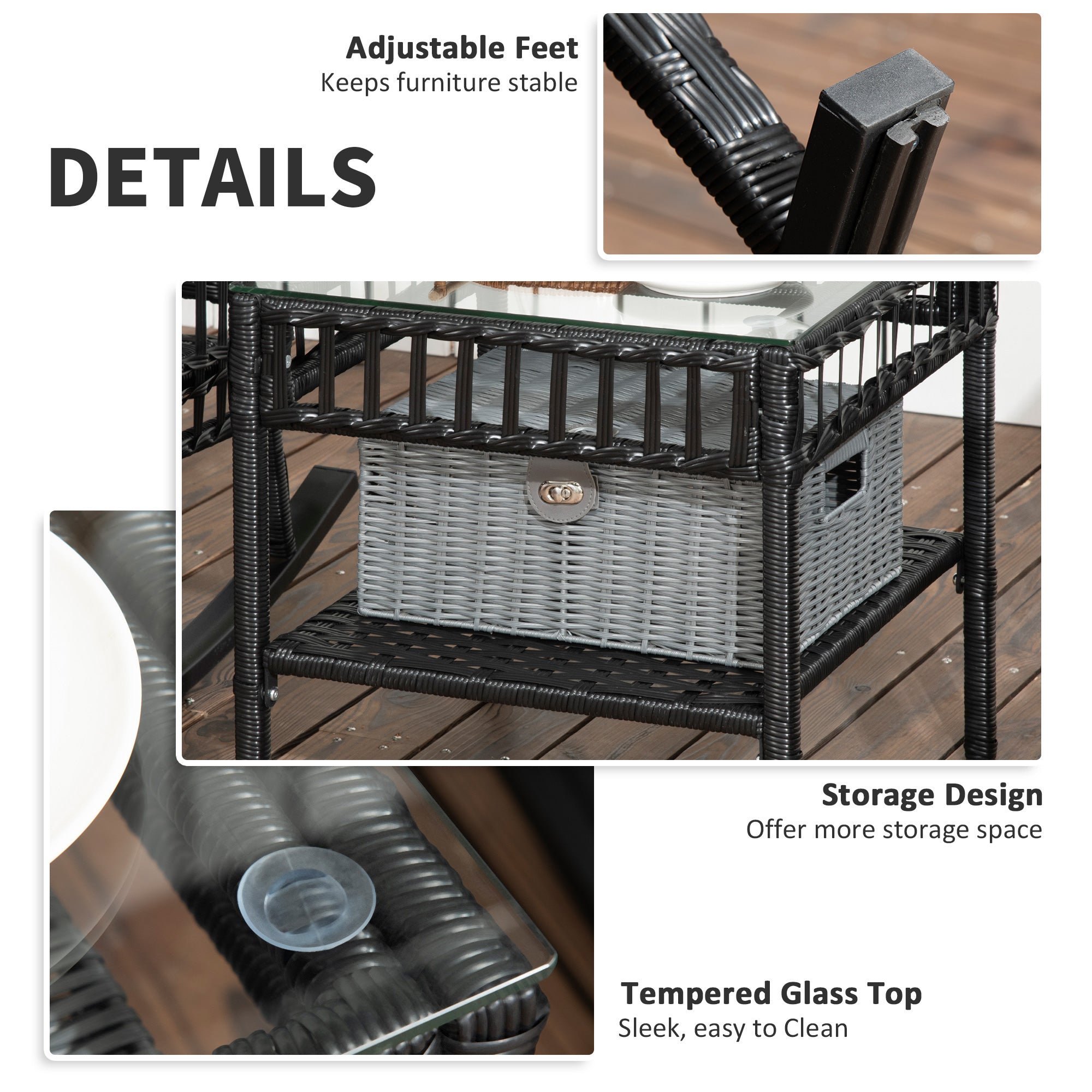 Outsunny 3 Pieces Outdoor PE Rattan Rocker Chair Set, Rocking Chair with Tempered Glass Table Top,25"x26"x28", Wine Red