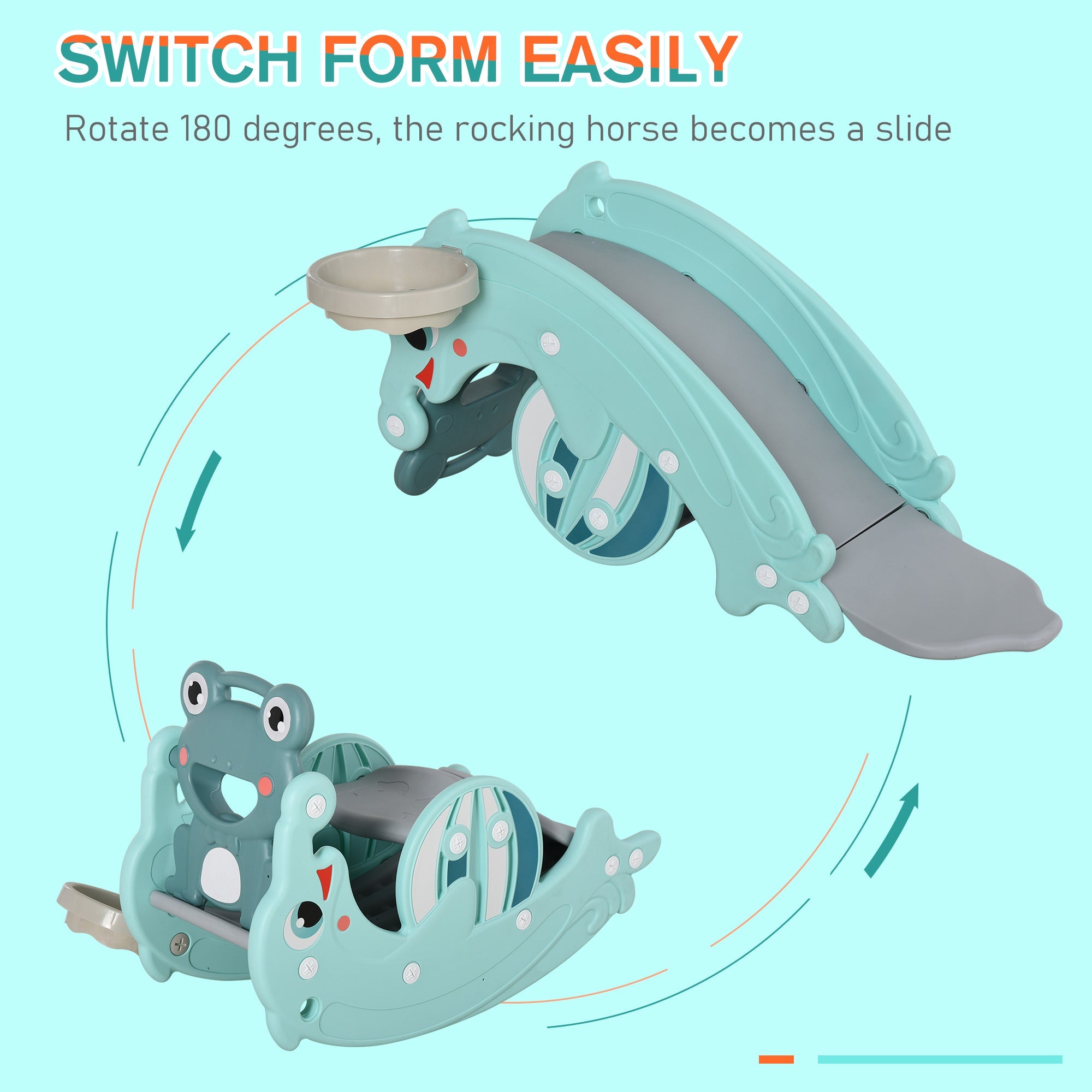 Qaba 3-in-1 Kids Slide Rocking Horse Activity Equipment Portable Green for Ages 3-5