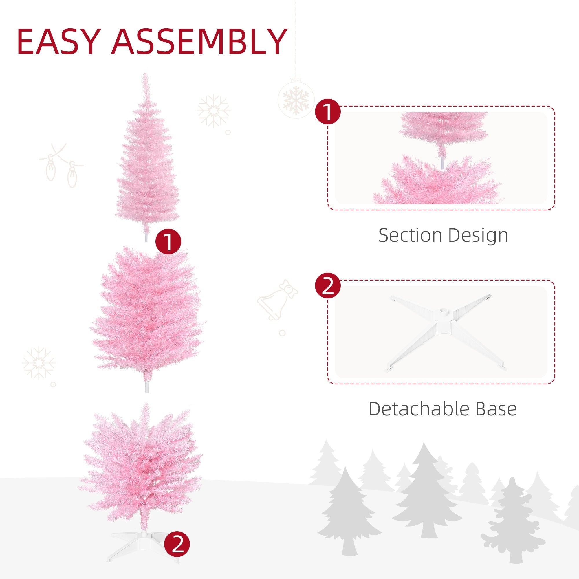 HOMCOM 6' Pencil Christmas Tree, Slim Artificial Xmas Tree with Realistic Branches, Sturdy Metal Stand, Pink
