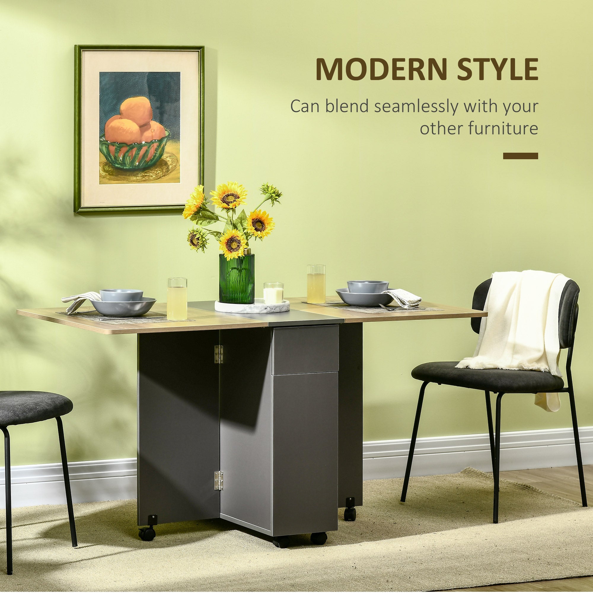 HOMCOM Extendable Dining Table Drop Leaf Design 2 Drawers Storage Cabinet Folding Space-Saving 6 Wheels