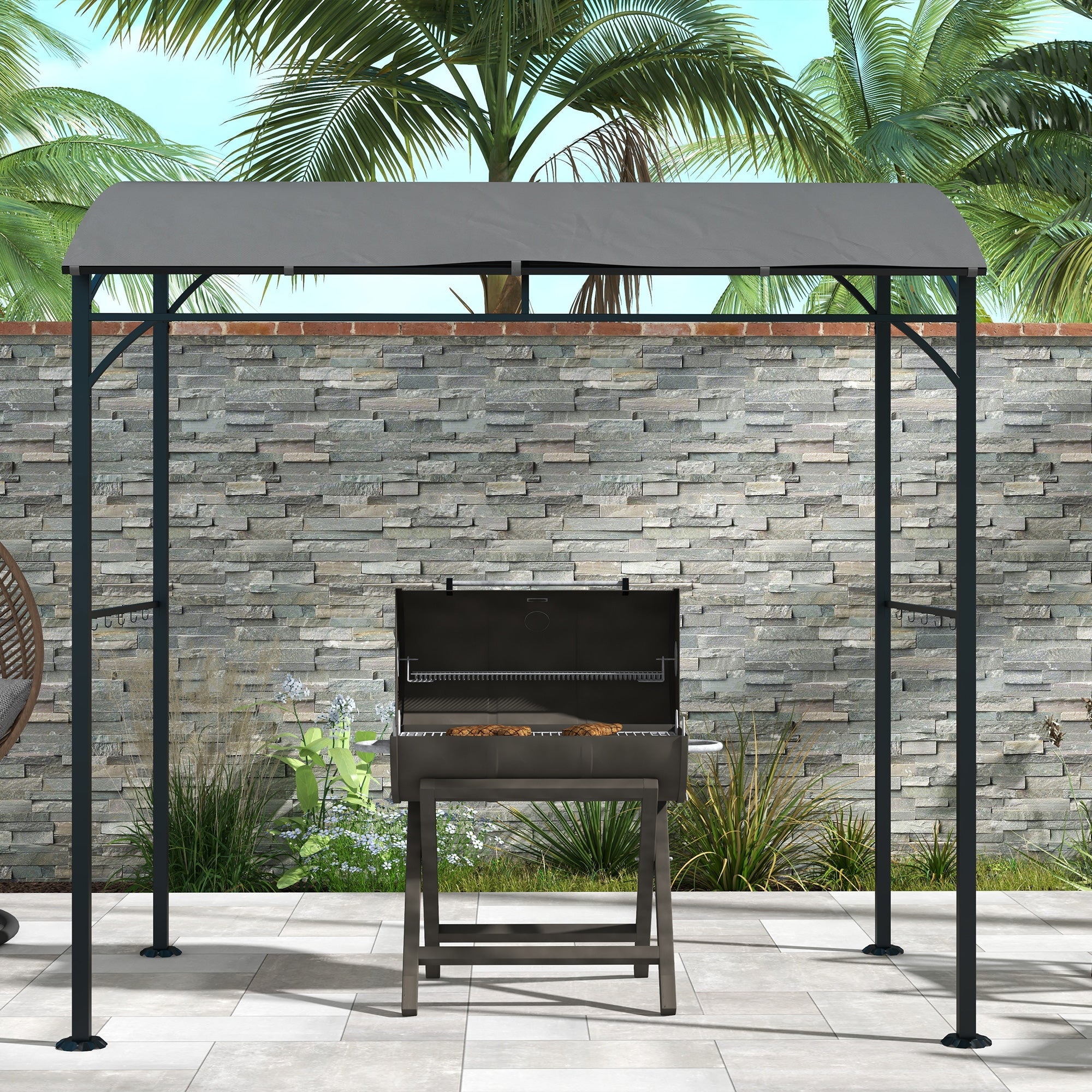 Outsunny BBQ Grill Gazebo 7x5 ft Steel Frame Garden Canopy Tent Charcoal Grey with Hooks Outdoor Sun Shade