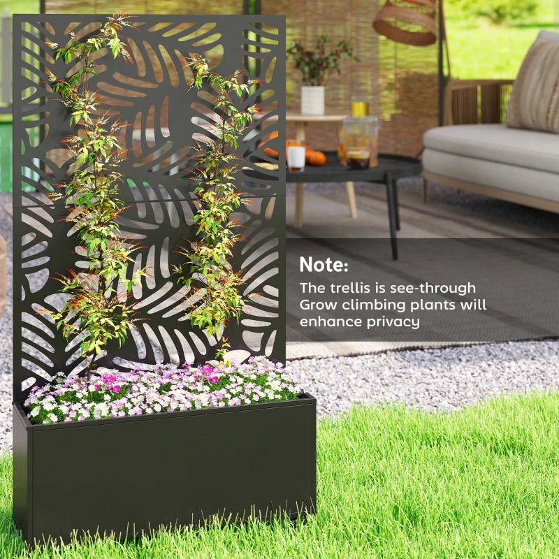 Metal Planter Box with Trellis, Raised Garden Bed with Monstera Leaf Cut-Out Privacy Screen and Wheels