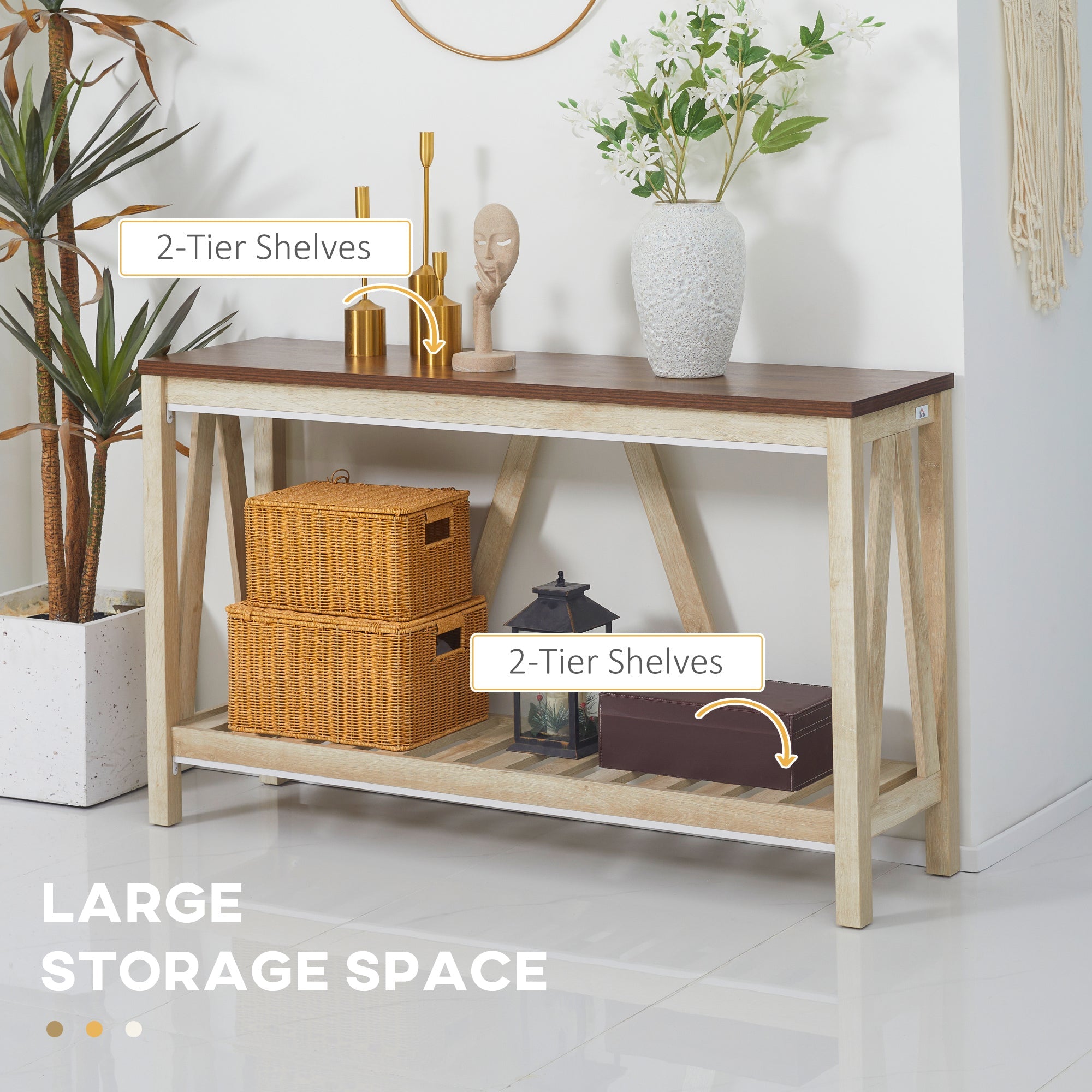 HOMCOM Farmhouse Console Table: Rustic Sofa Table with Storage Shelf & Anti-Tipping Design, Living Room/Bedroom/Entryway, Oak