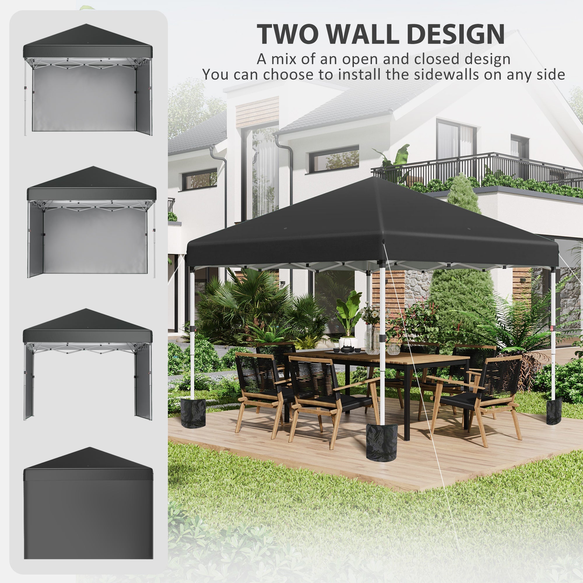 Outsunny 10' x 10' Pop Up Canopy with Sidewalls, Roller Bag, Height Adjustable Instant Tent for Outdoor Garden Patio, Black