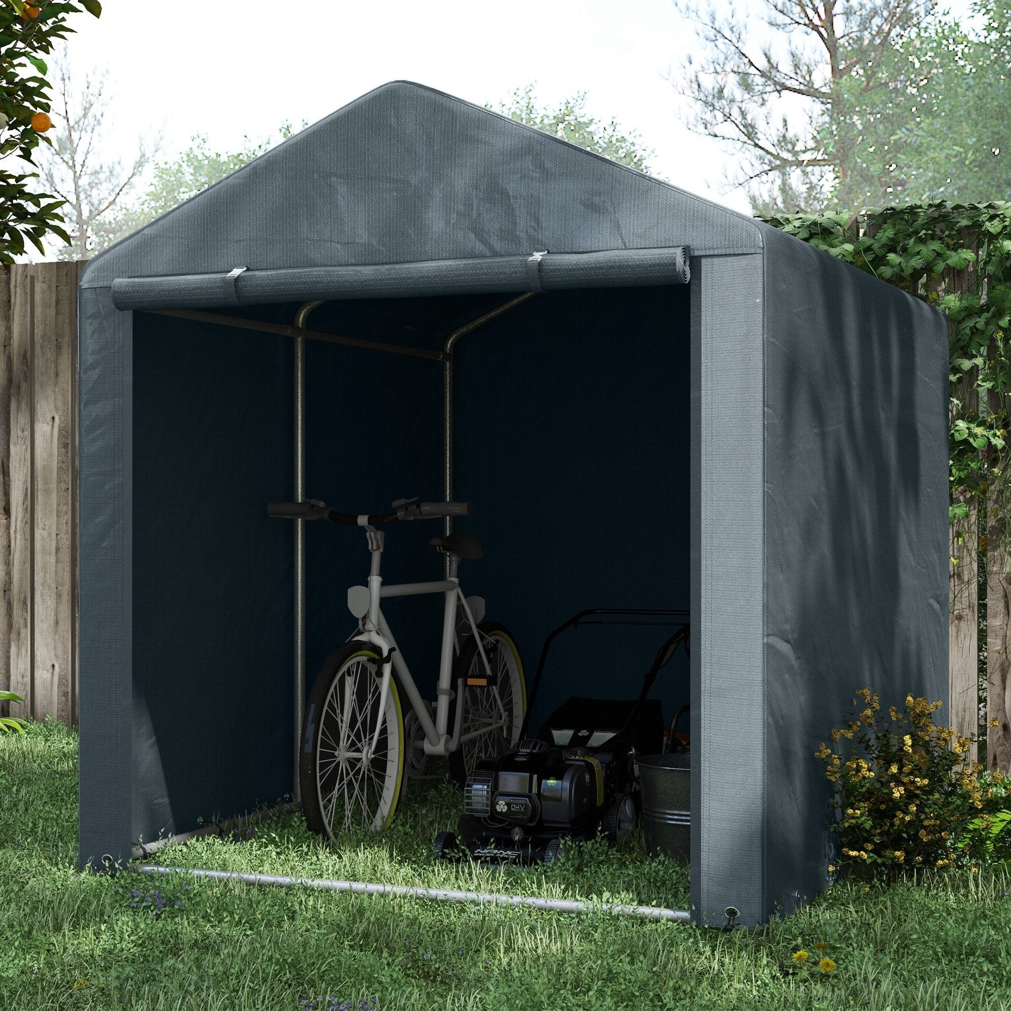 Outsunny Portable Bicycle Shed with Galvanised Steel Frame and Large Door, Waterproof Outdoor Shed for Garden Tools, Dark Grey